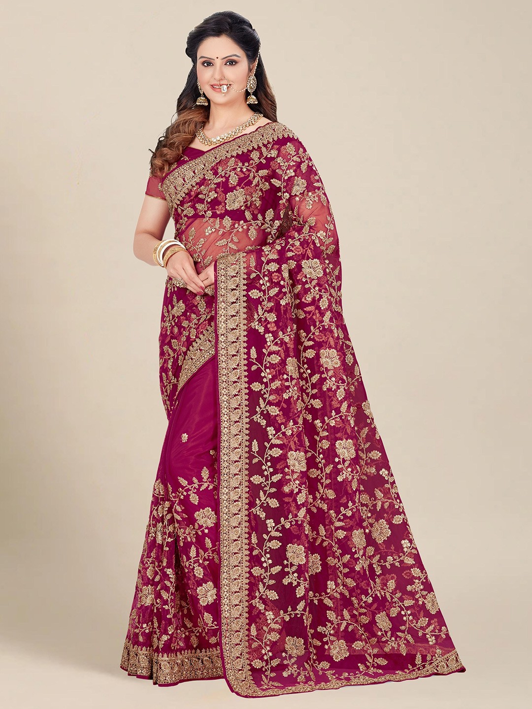 

MS RETAIL Pink & Gold-Toned Floral Embroidered Net Heavy Work Saree