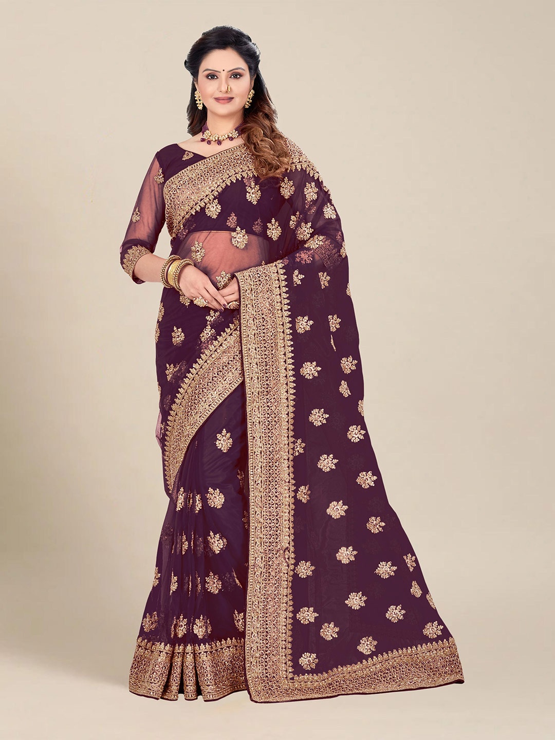 

MS RETAIL Mauve & Gold-Toned Floral Embroidered Net Heavy Work Saree