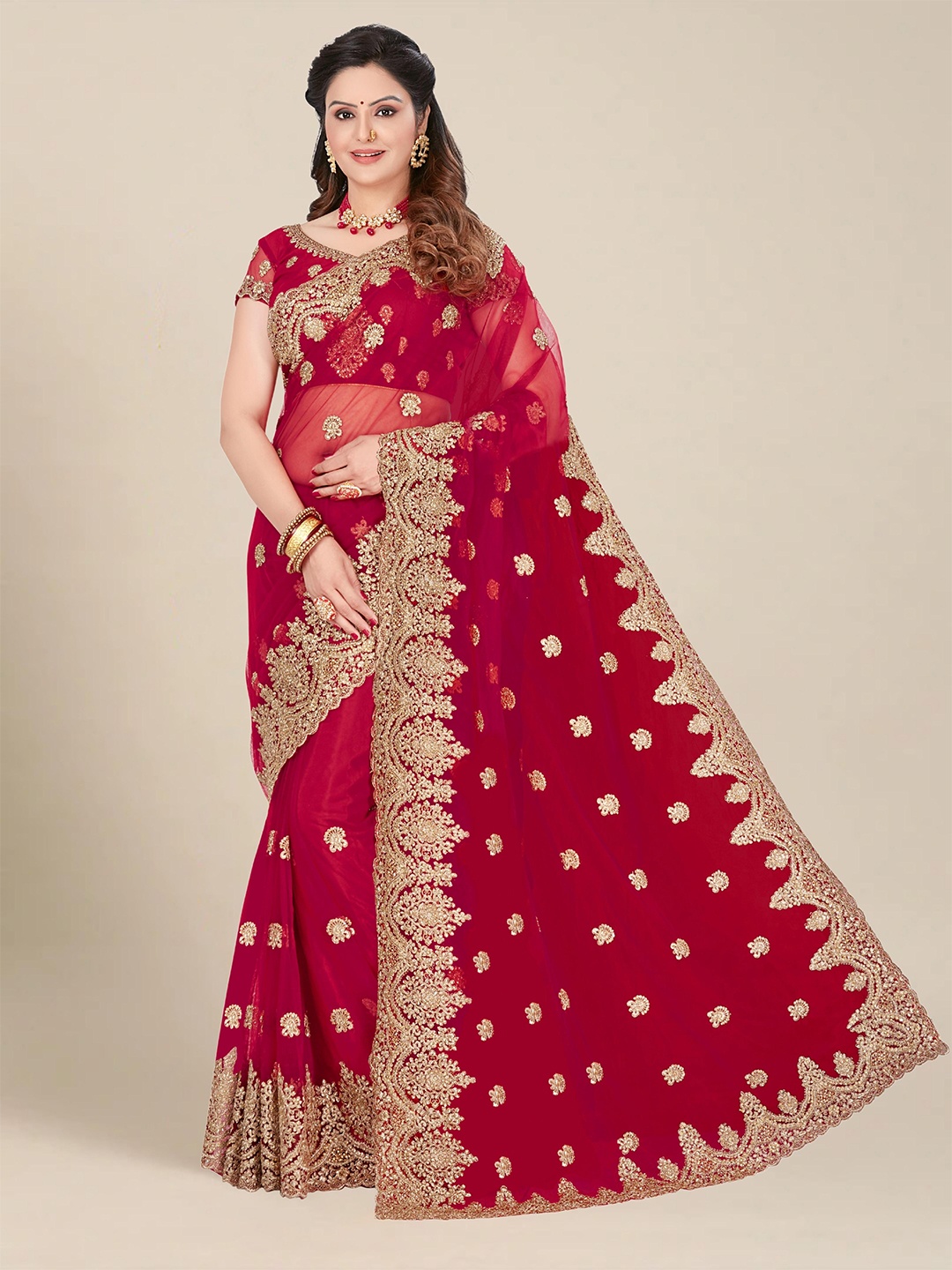 

MS RETAIL Pink & Gold Floral Embroidered Net Heavy Work Saree