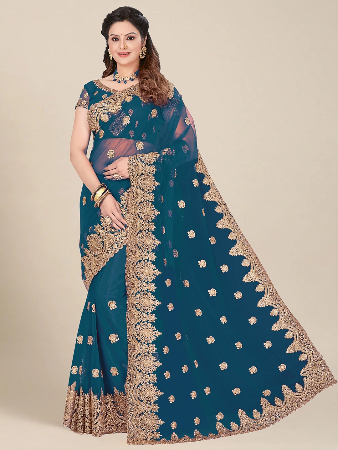 

MS RETAIL Blue & Gold-Toned Floral Embroidered Net Heavy Work Saree