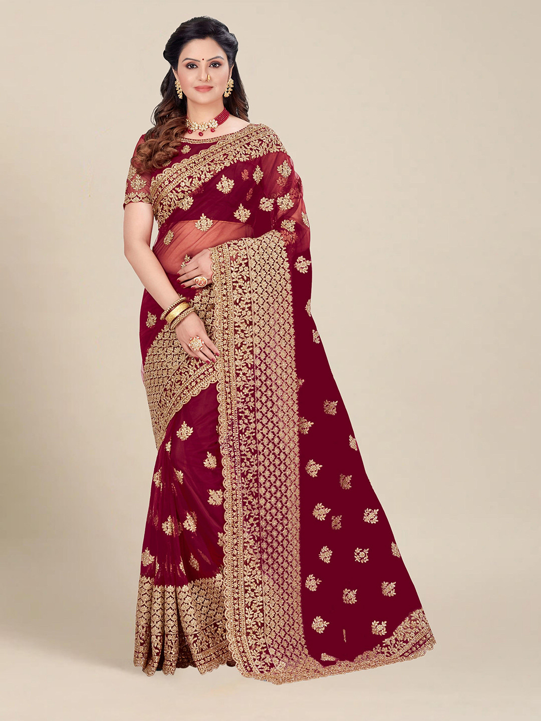 

MS RETAIL Maroon & Gold-Toned Floral Embroidered Net Heavy Work Saree