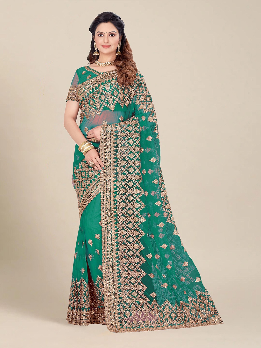

MS RETAIL Turquoise Blue & Gold-Toned Floral Embroidered Net Heavy Work Saree