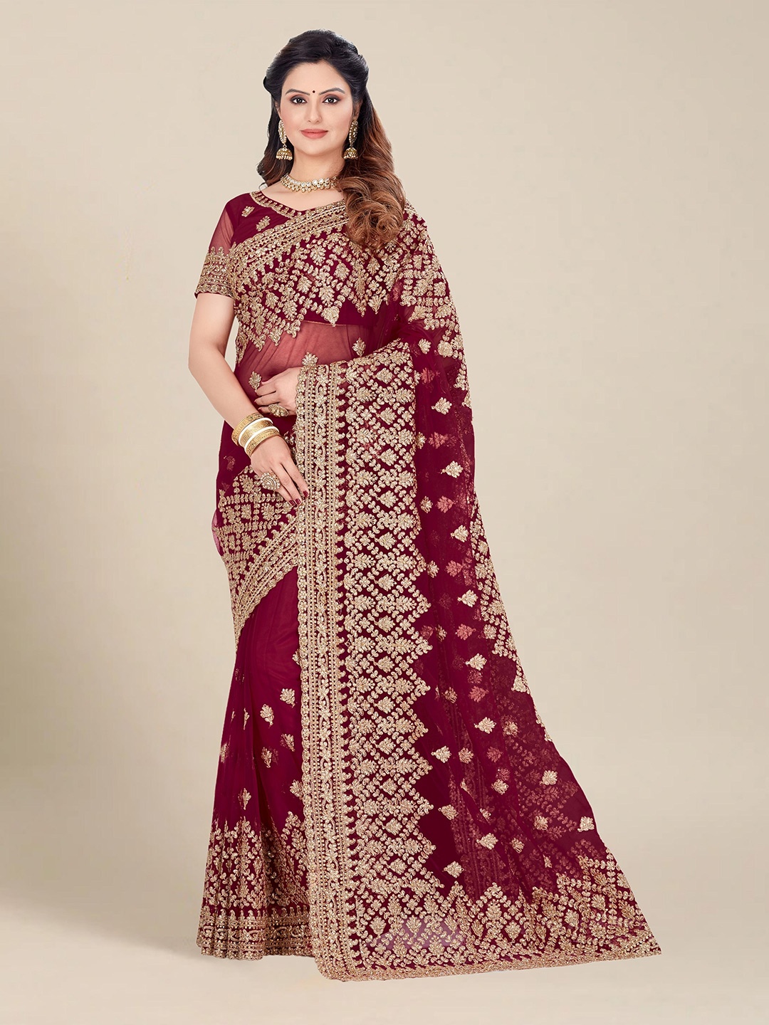 

MS RETAIL Maroon & Gold-Toned Floral Embroidered Net Heavy Work Saree