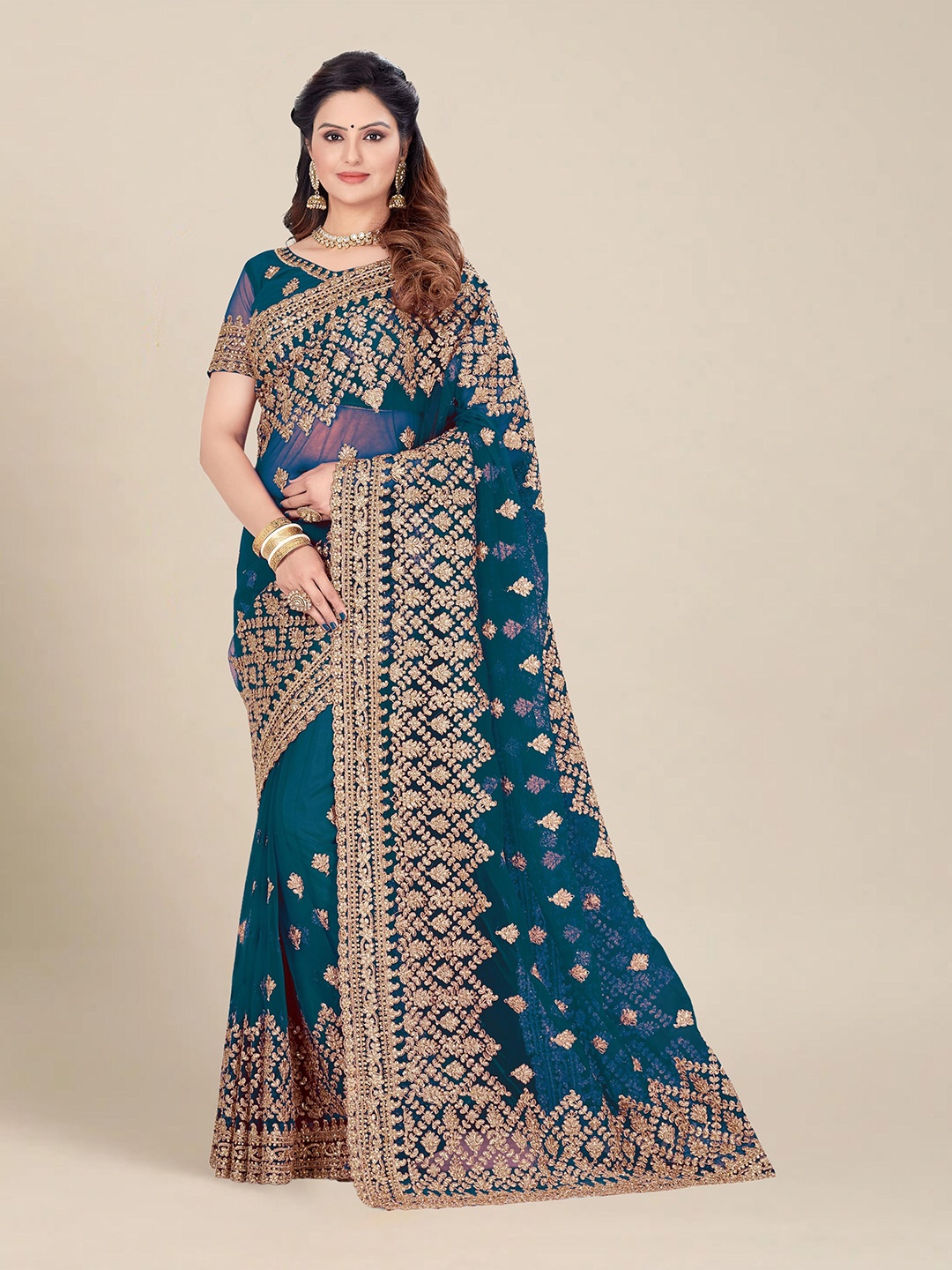 

MS RETAIL Blue & Gold-Toned Embellished & Embroidered Net Heavy Work Saree