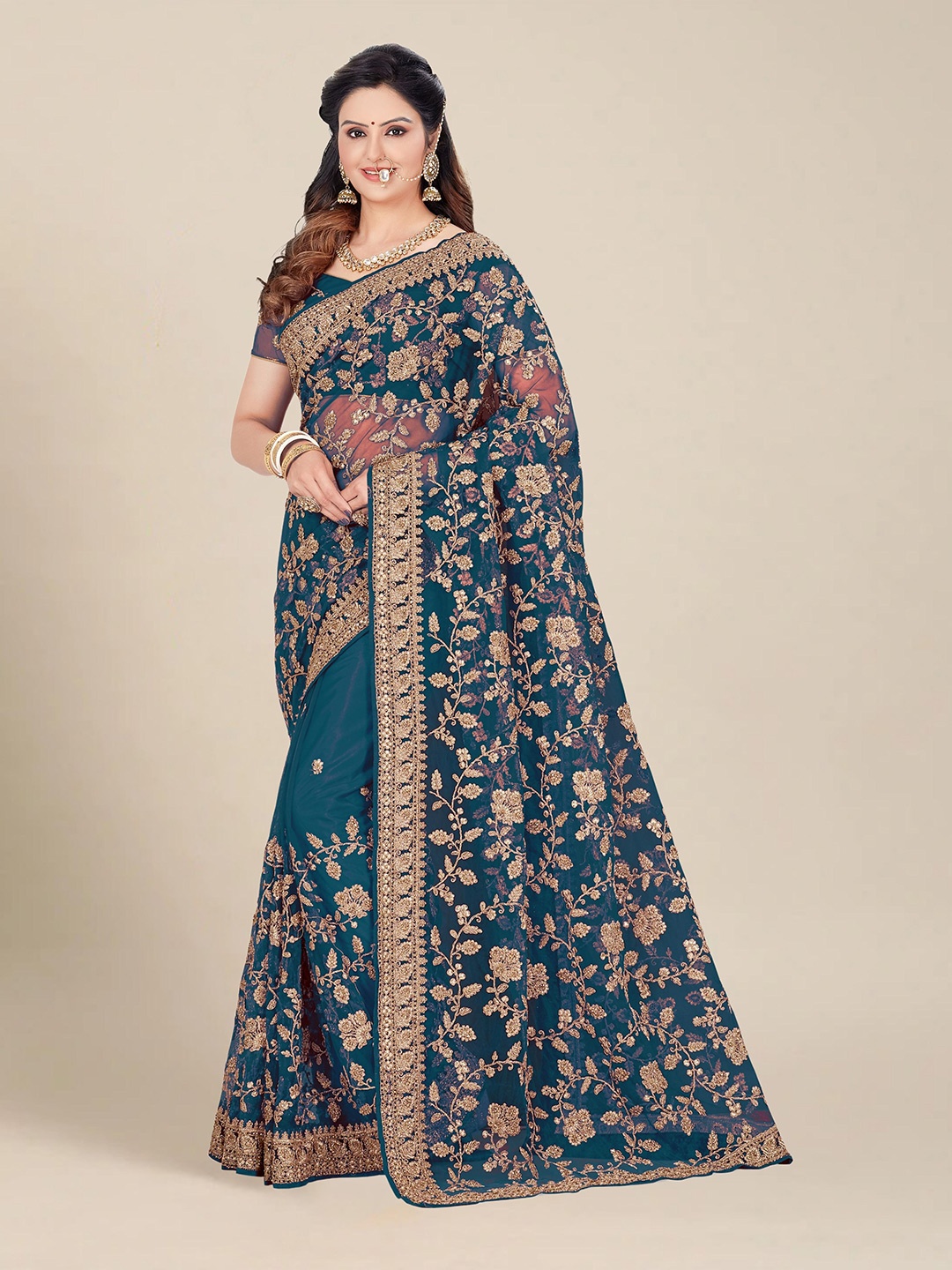 

MS RETAIL Blue & Gold-Toned Floral Embroidered Net Heavy Work Saree