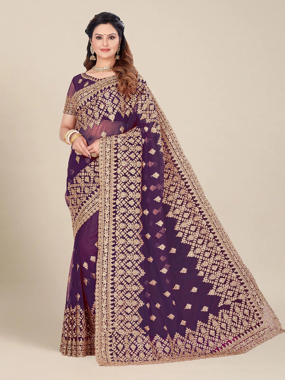 

MS RETAIL Burgundy & Gold-Toned Floral Embroidered Net Heavy Work Saree