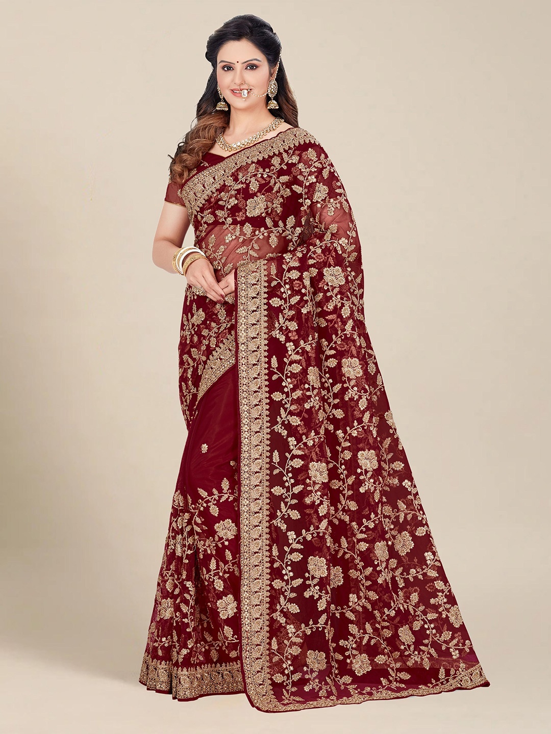 

MS RETAIL Maroon & Gold-Toned Embellished & Embroidered Net Heavy Work Saree