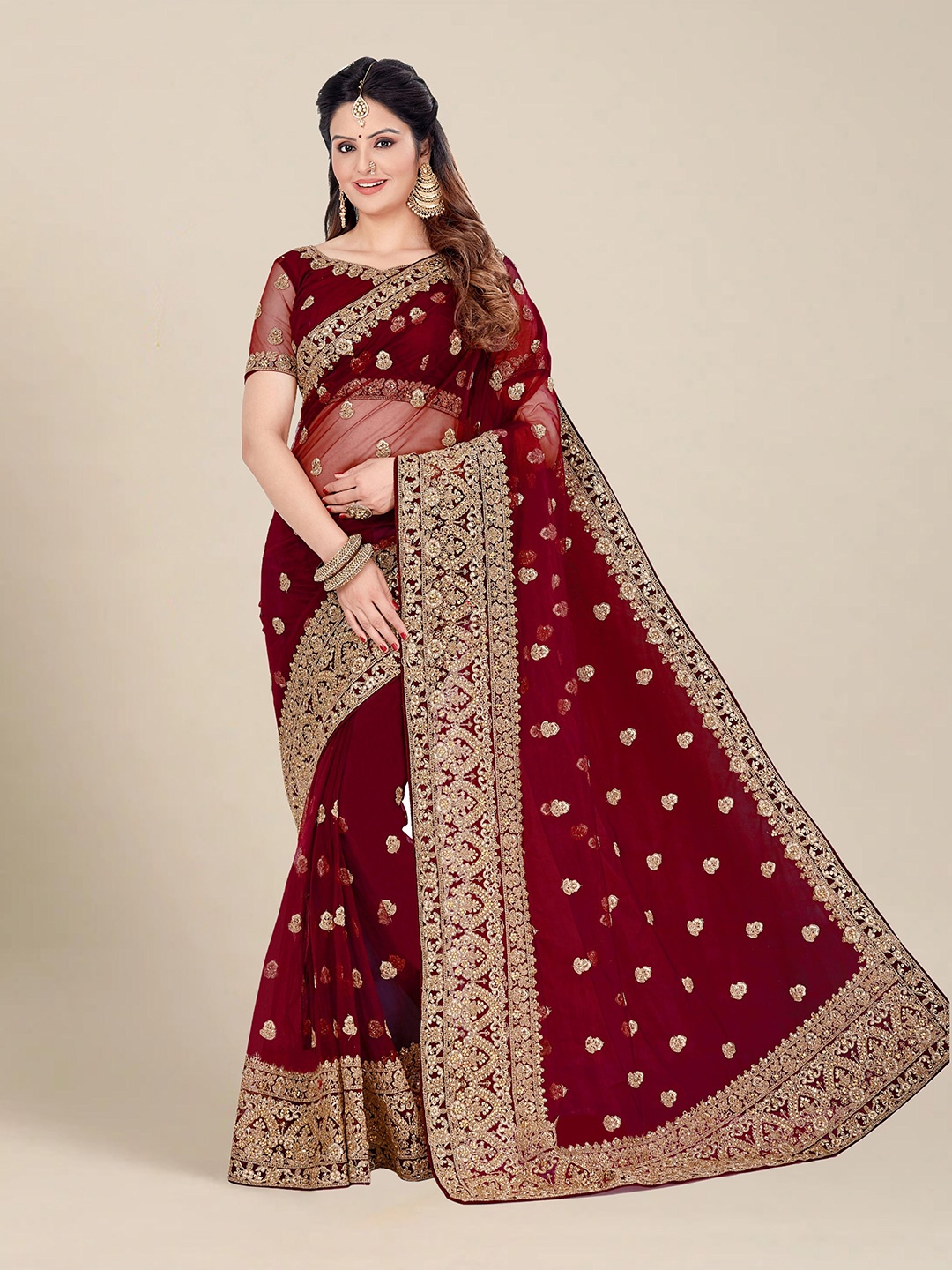 

MS RETAIL Maroon & Gold-Toned Floral Embroidered Net Heavy Work Saree