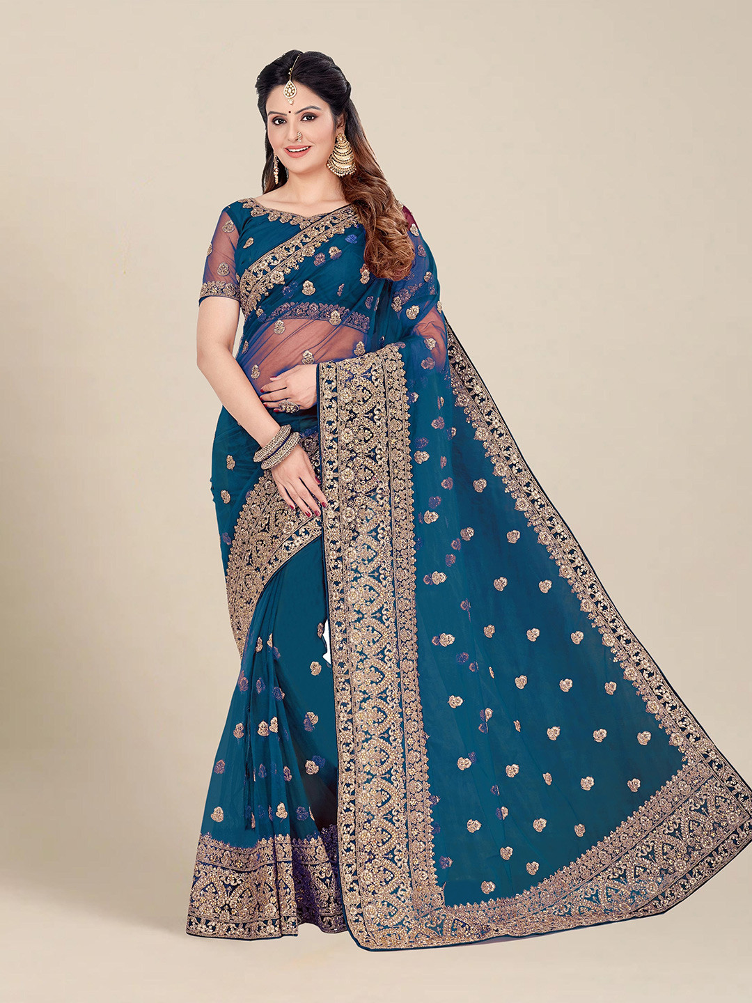 

MS RETAIL Blue & Gold-Toned Floral Embroidered Net Heavy Work Saree