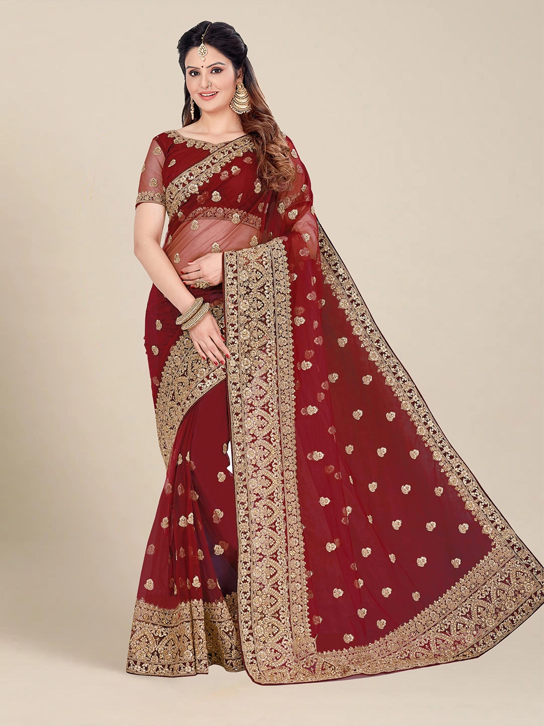 

MS RETAIL Maroon & Gold-Toned Embellished Embroidered Net Heavy Work Saree