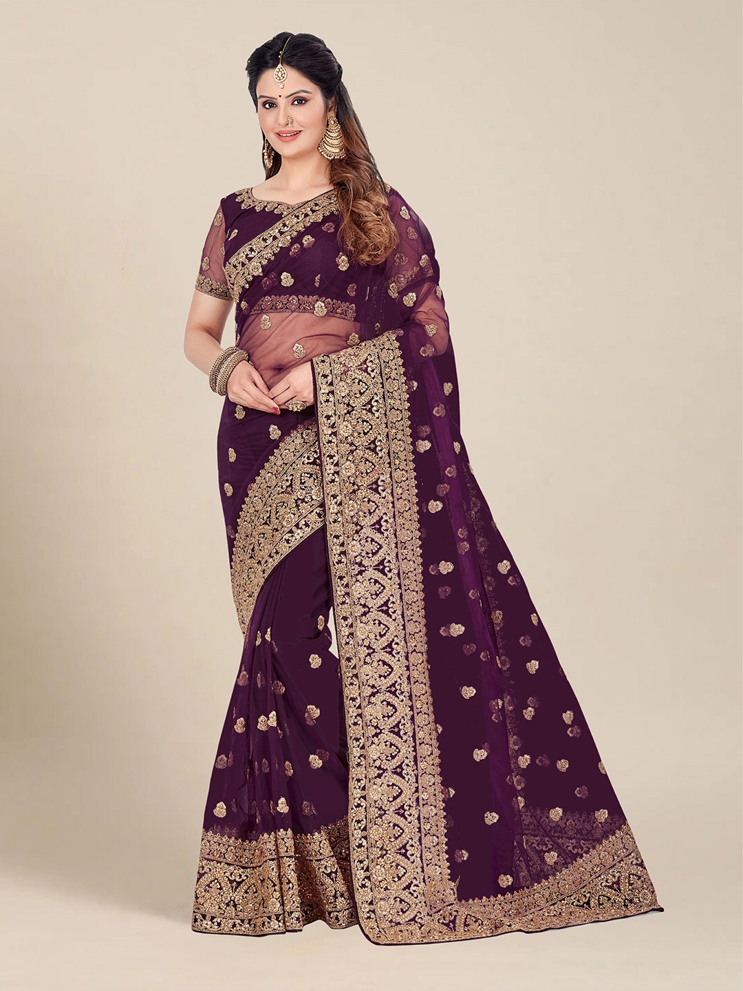 

MS RETAIL Purple & Gold-Toned Floral Embroidered Net Heavy Work Saree
