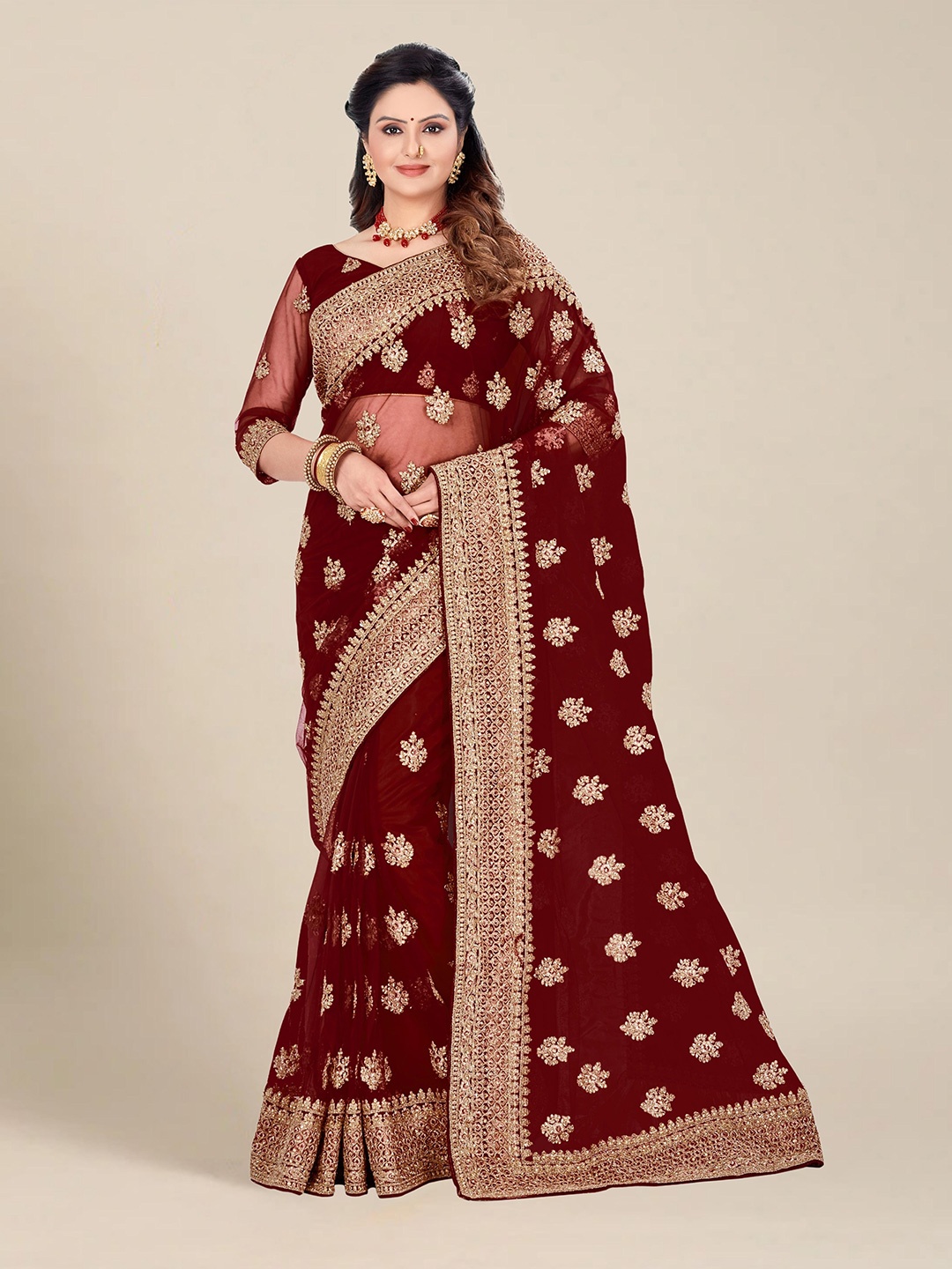 

MS RETAIL Red & Gold-Toned Embellished Embroidered Net Heavy Work Saree