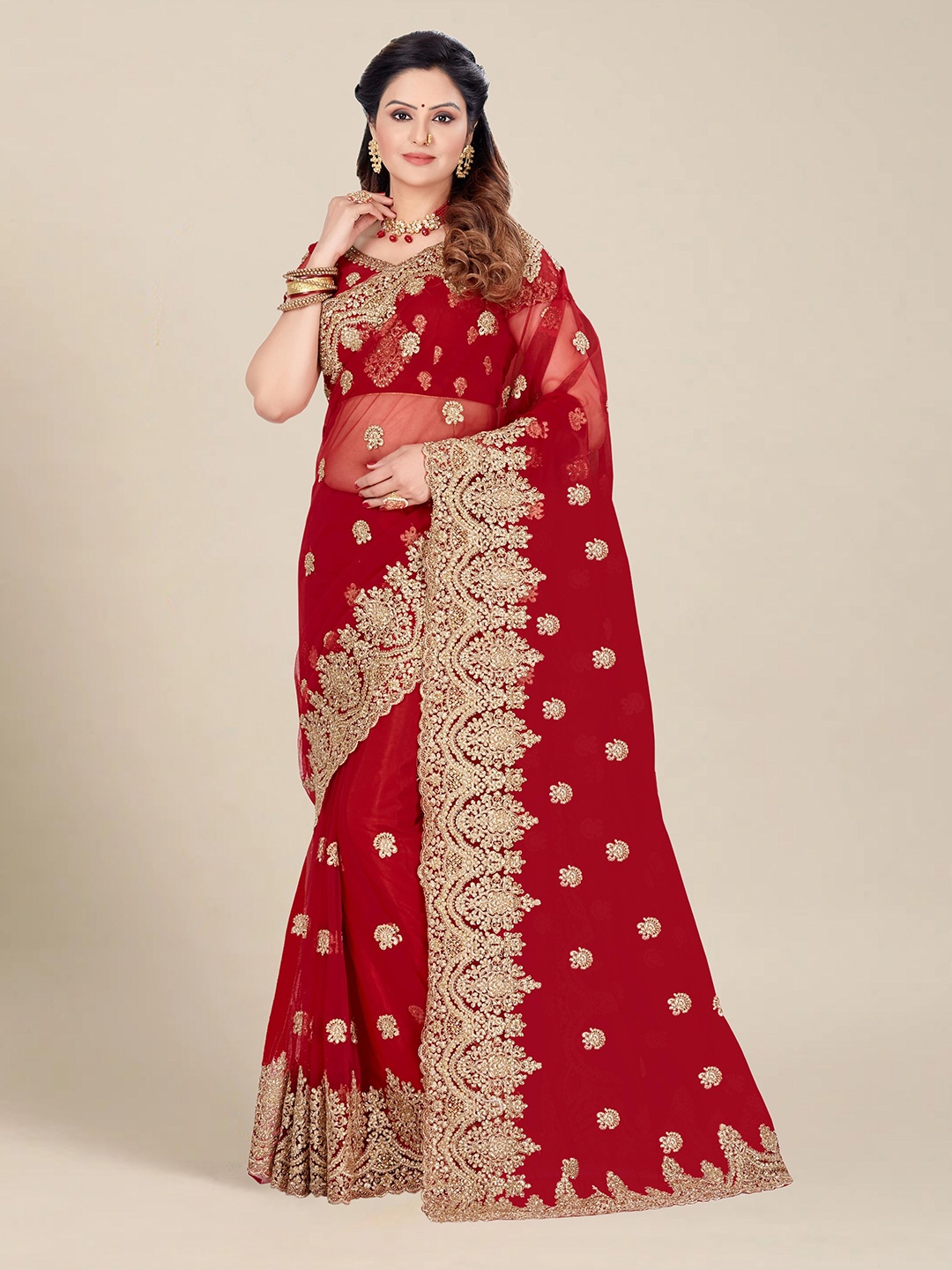 

MS RETAIL Red & Gold-Toned Floral Embroidered Net Heavy Work Saree