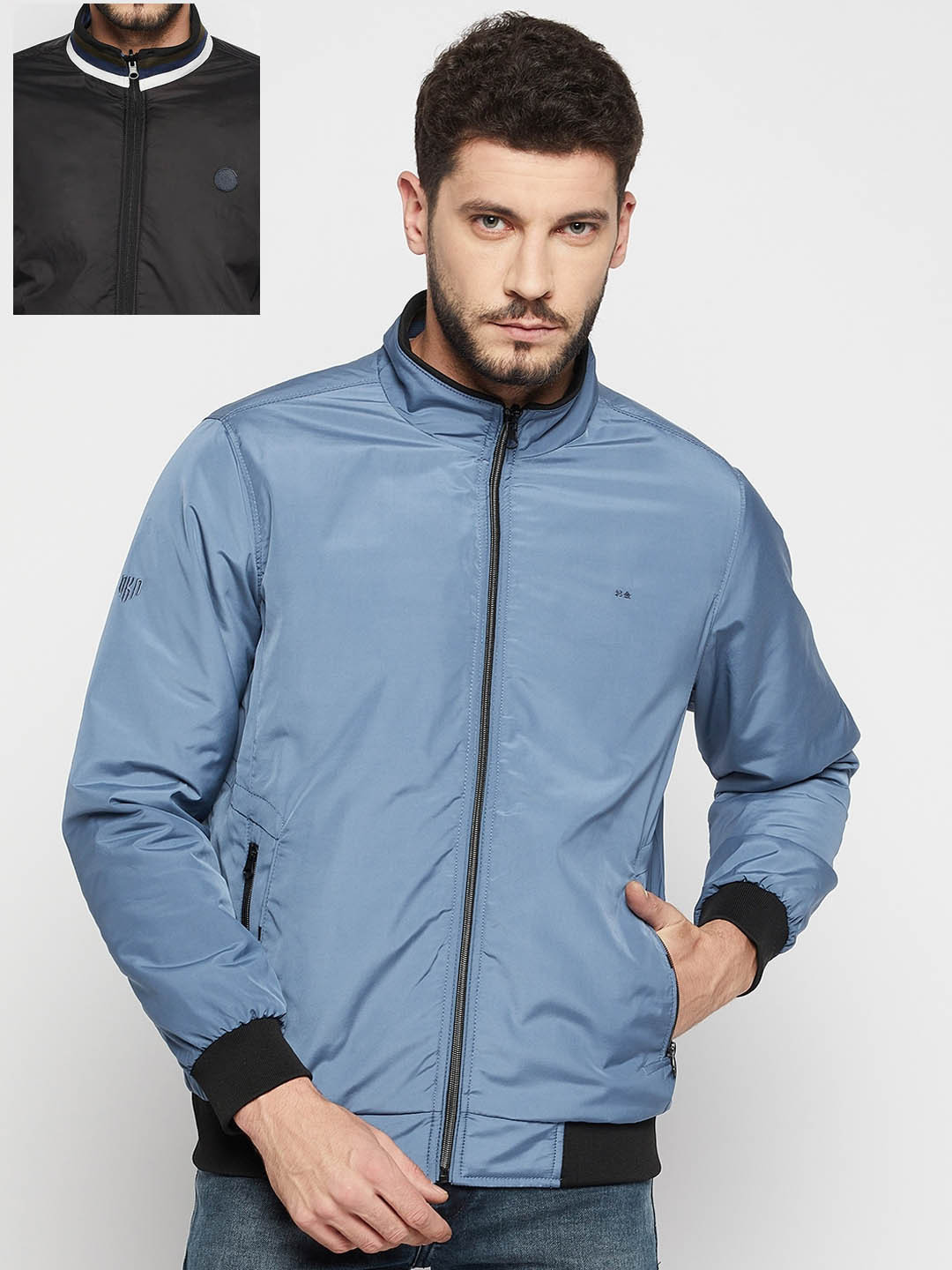 

Okane Men Blue & Black Reversible Bomber Jacket