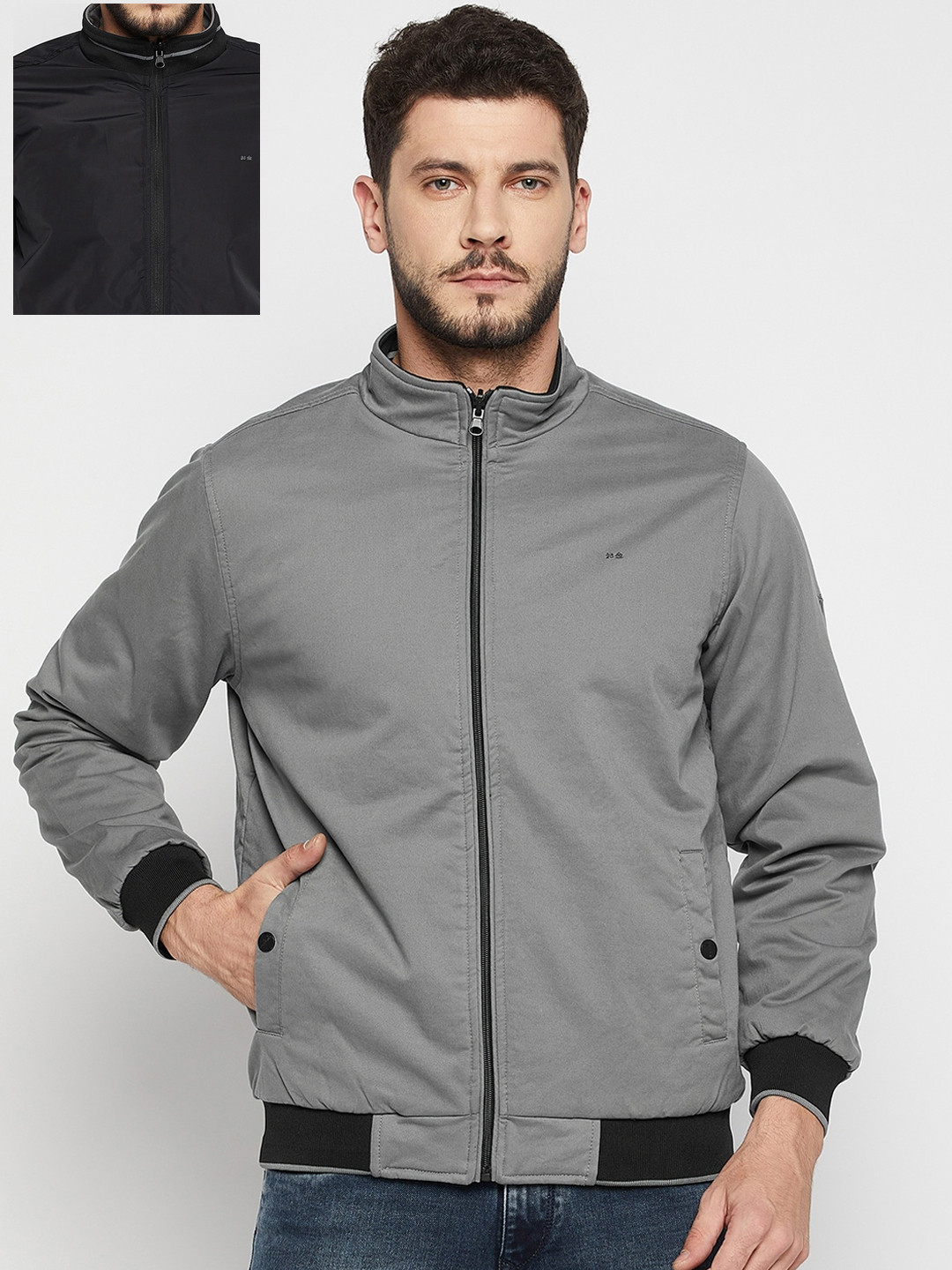 

Okane Men Grey Reversible Bomber Jacket