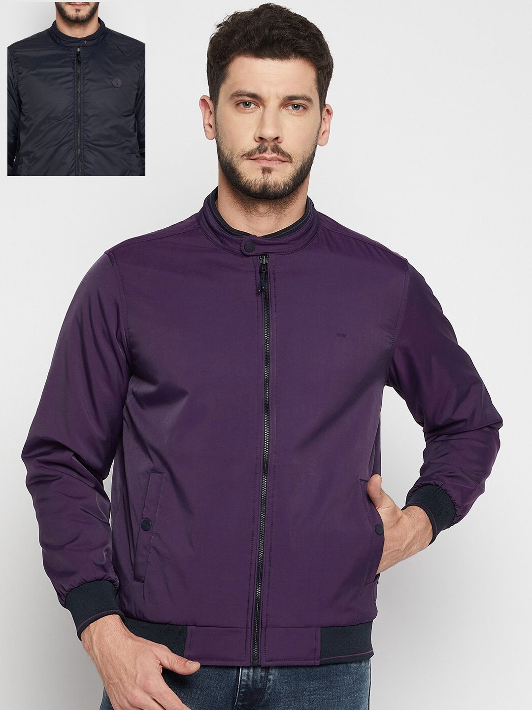 

Okane Men Purple & Navy Blue Reversible Bomber Jacket