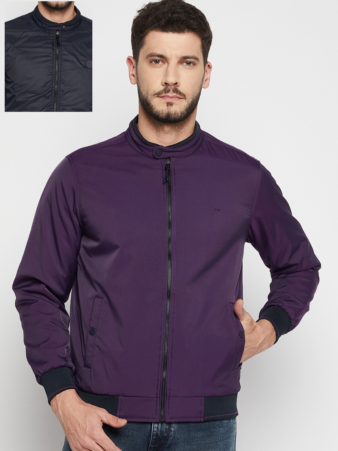 

Okane Men Plus Size Purple & Navy Blue Reversible Bomber Jacket