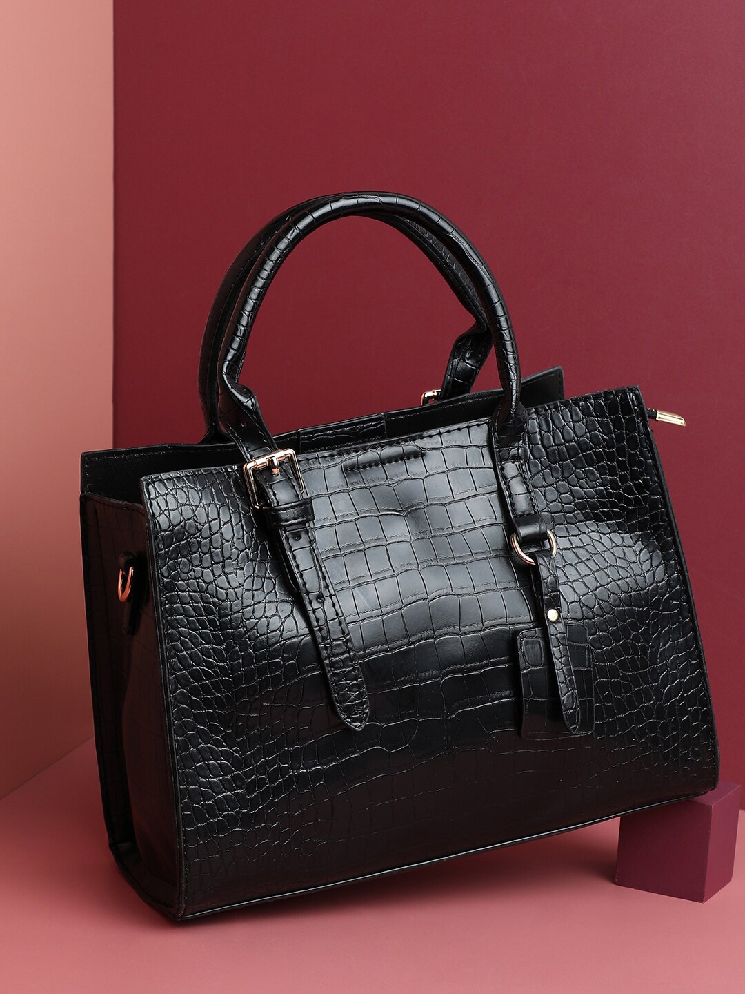 

HAUTE SAUCE by Campus Sutra Black Textured PU Shopper Handheld Bag with Tasselled