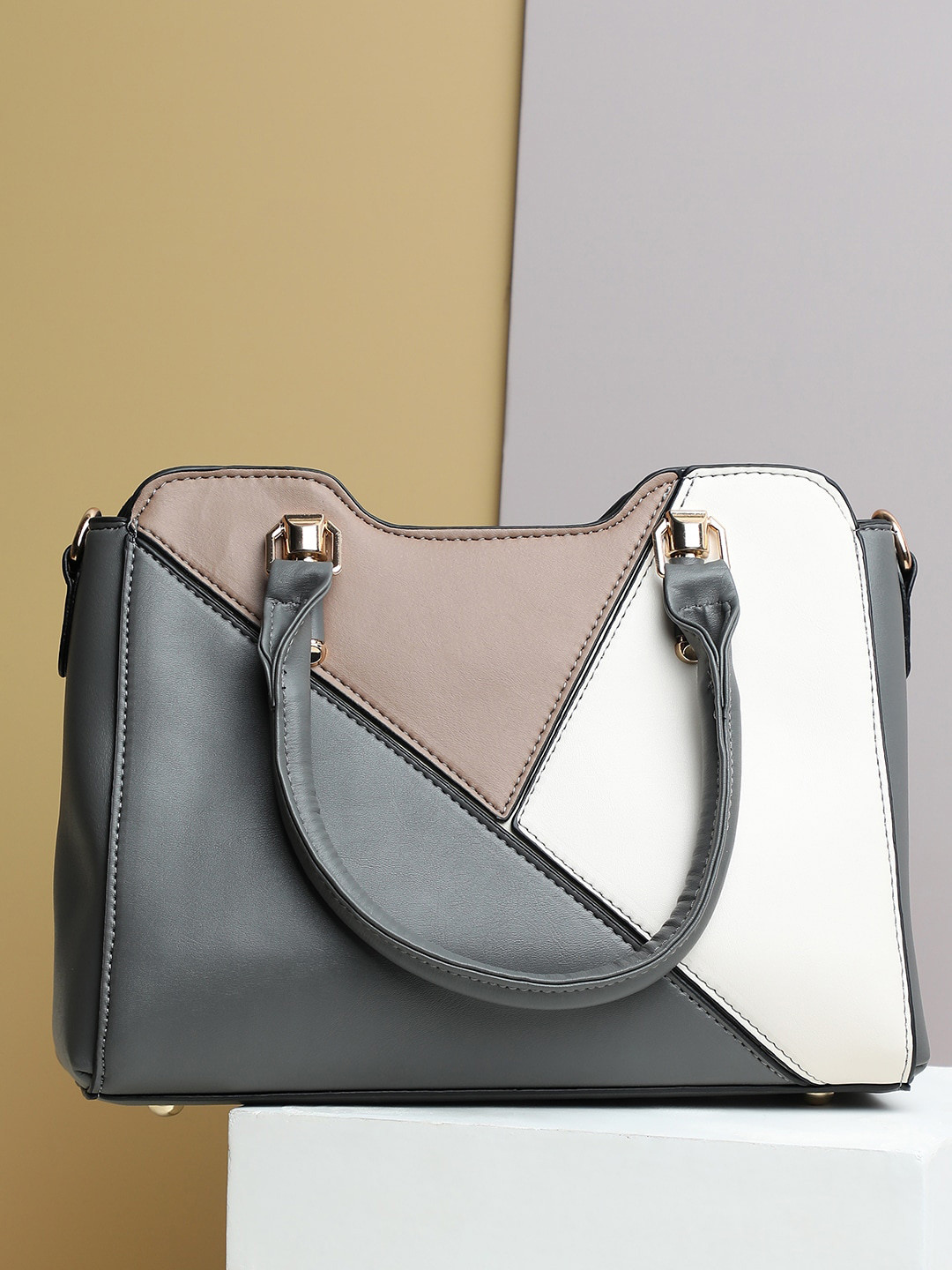 

HAUTE SAUCE by Campus Sutra Grey Colourblocked PU Structured Handheld Bag