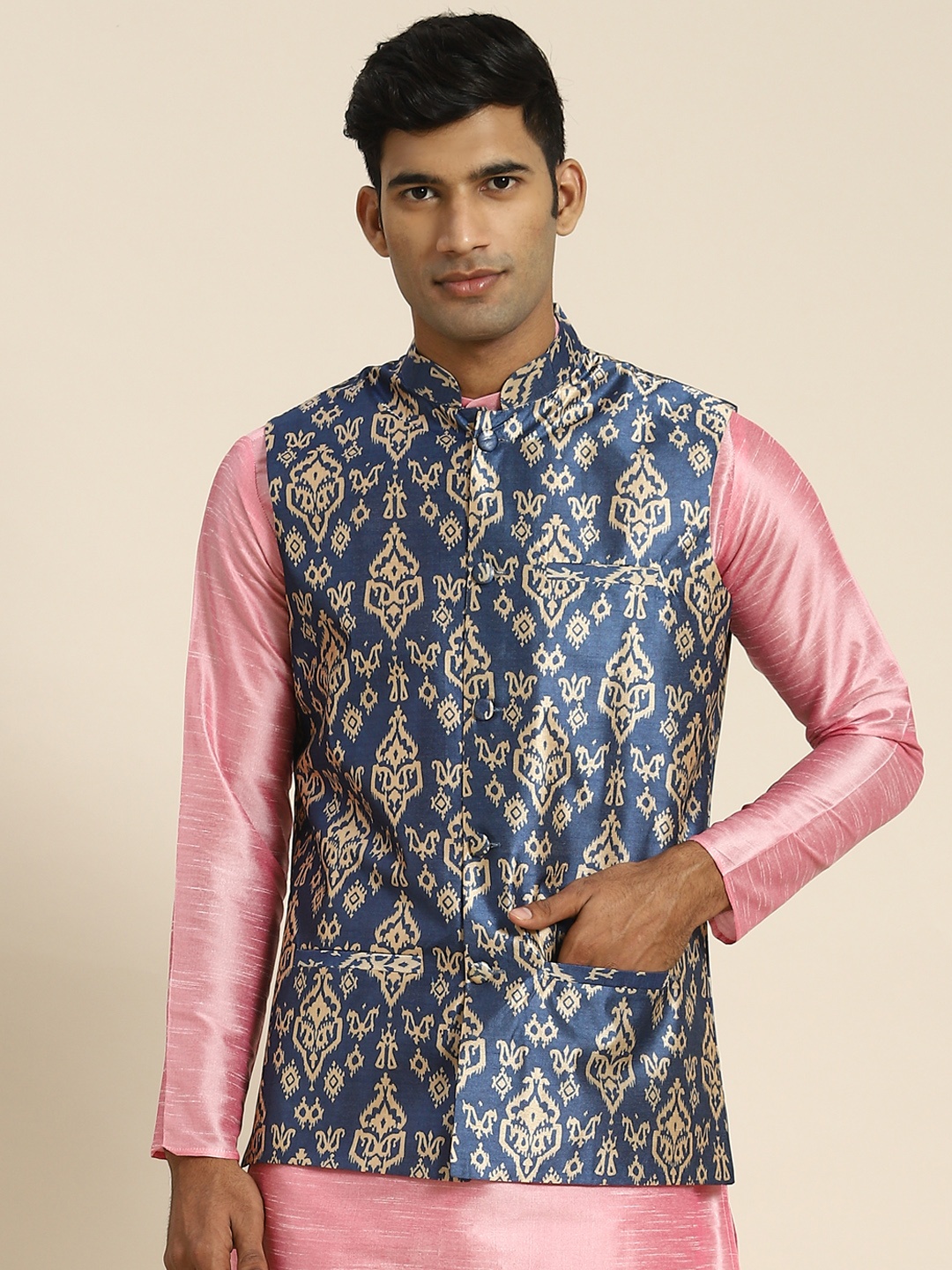 

SOJANYA Men Printed Nehru Jacket, Blue