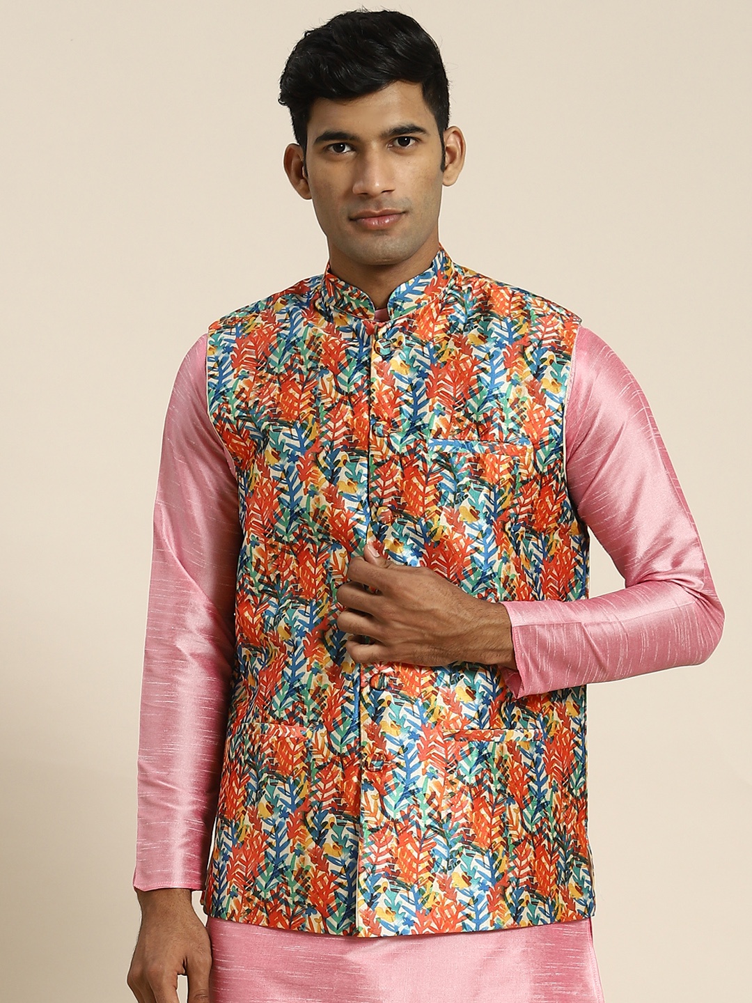 

SOJANYA Men Printed Nehru Jacket, Orange
