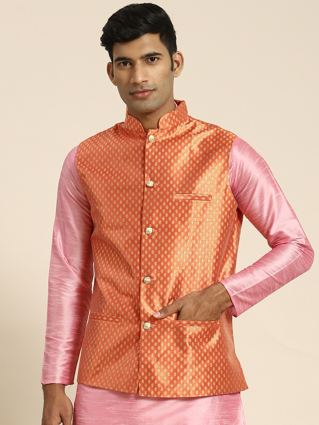 

SOJANYA Men Woven Design Nehru Jacket, Orange