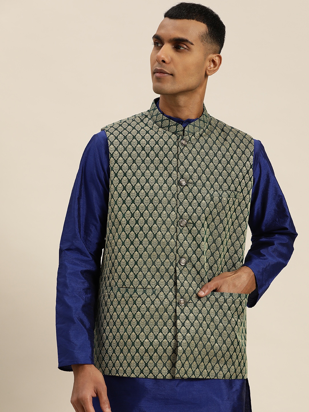 

SOJANYA Woven Design Silk Blend Nehru Jacket, Green