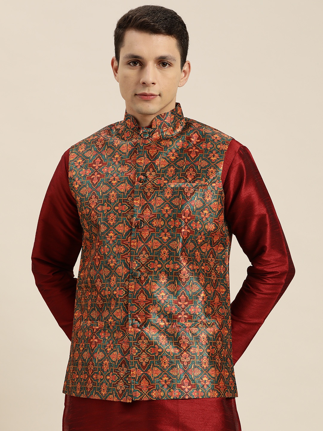 

SOJANYA Printed Silk Blend Nehru Jacket, Orange