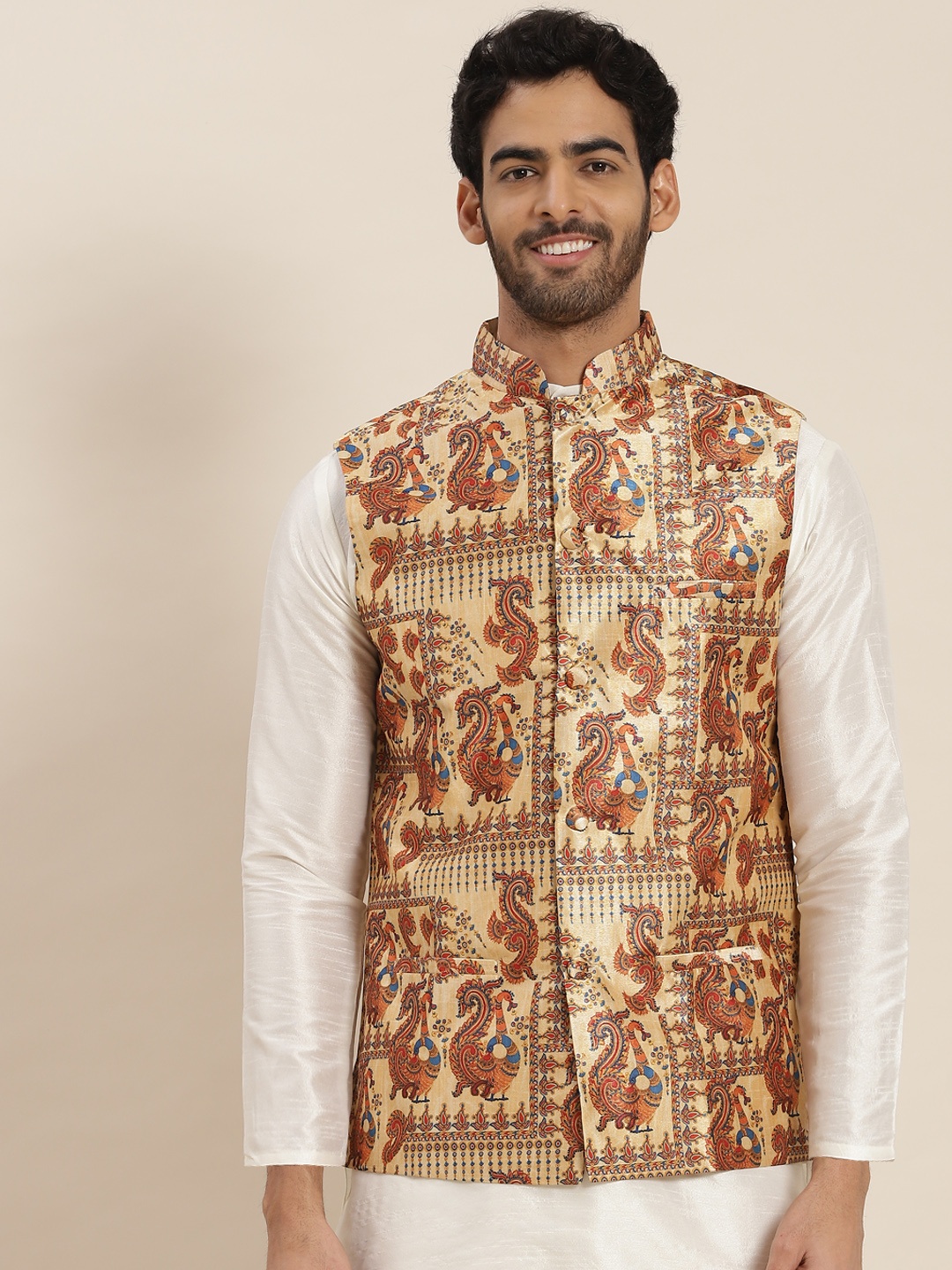 

SOJANYA Men Silk Blend Printed Nehru Jacket, Gold