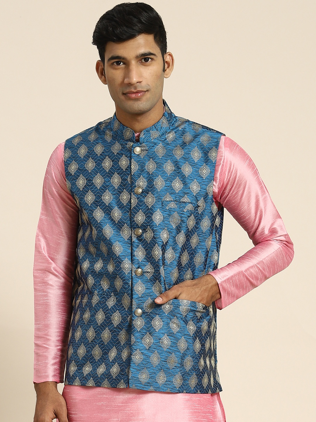 

SOJANYA Men Woven Design Jacquard Nehru Jacket, Blue