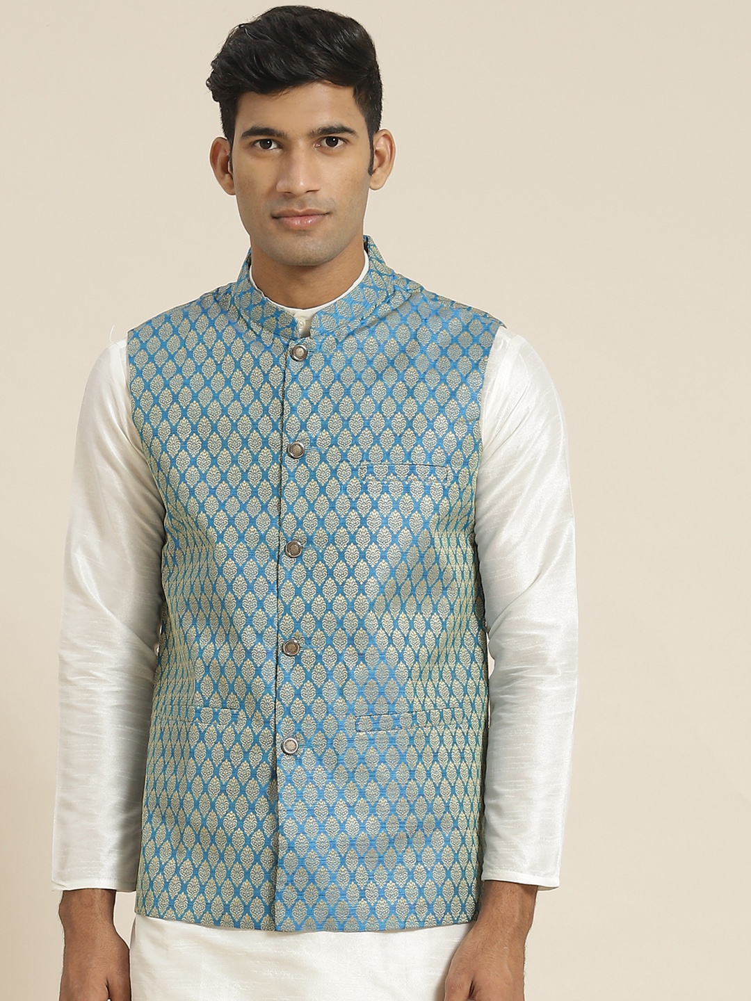 

SOJANYA Men Woven Design Jacquard Nehru Jacket, Blue