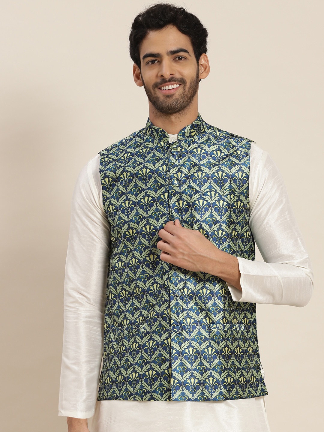 

SOJANYA Men Silk Blend Printed Nehru Jacket, Blue