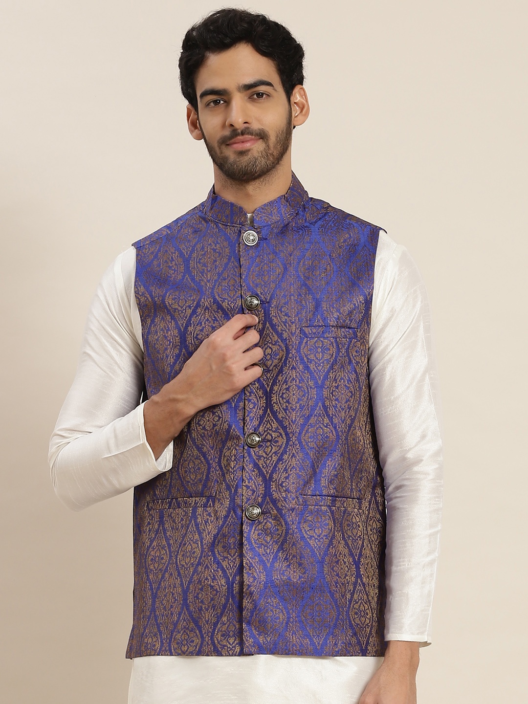 

SOJANYA Men Jacquard Silk Blend Nehru Jacket, Blue