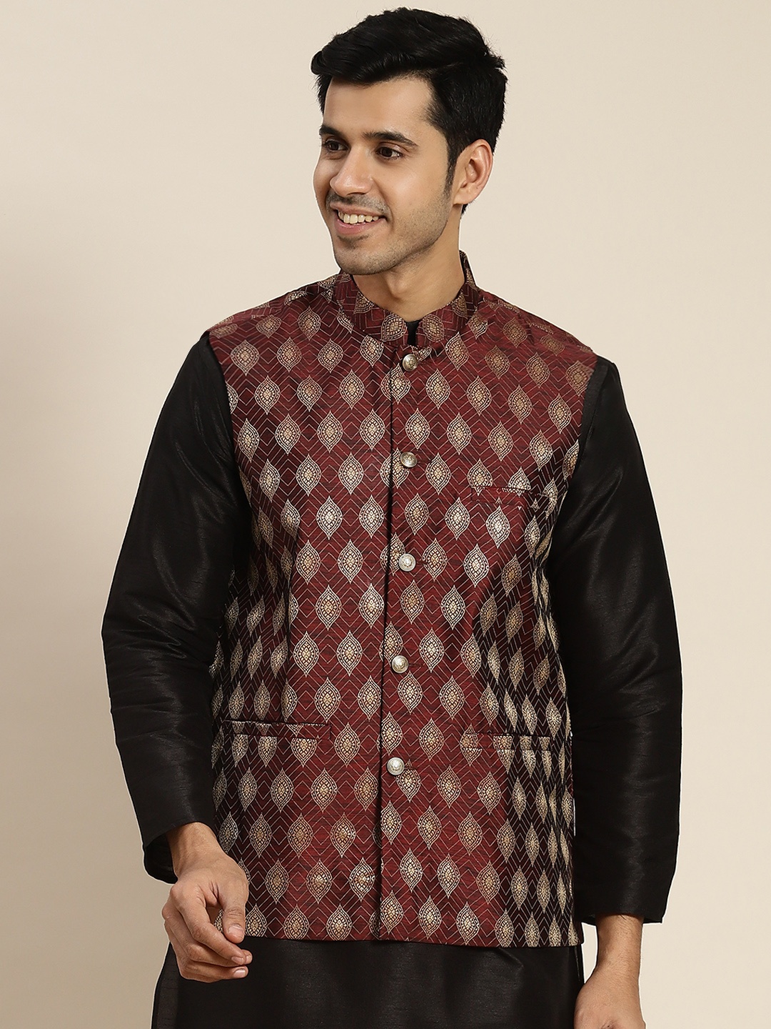 

SOJANYA Men Woven Design Jacquard Nehru Jacket, Maroon