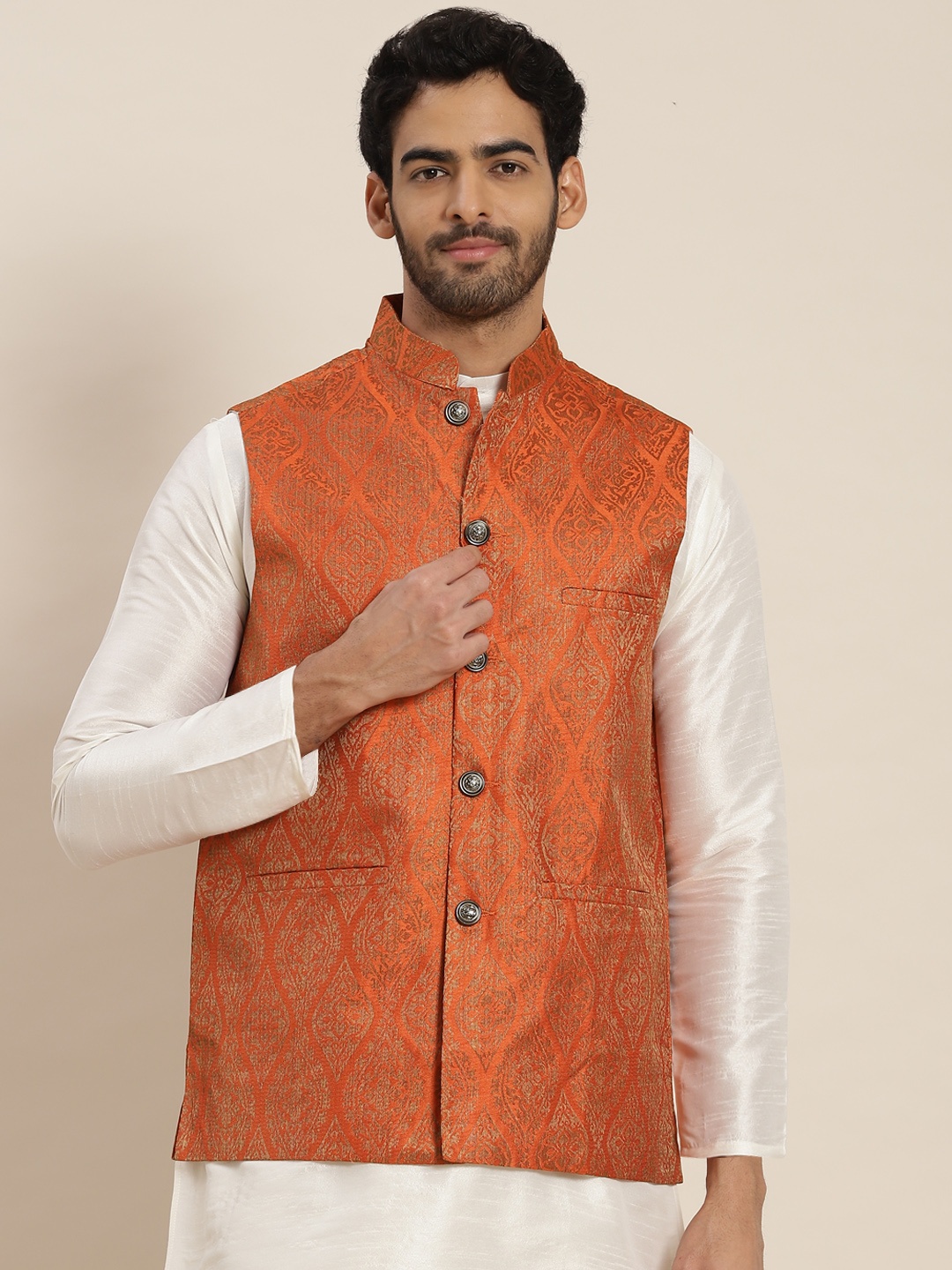 

SOJANYA Men Ethnic Motifs Jacquard Silk Blend Nehru Jacket, Orange