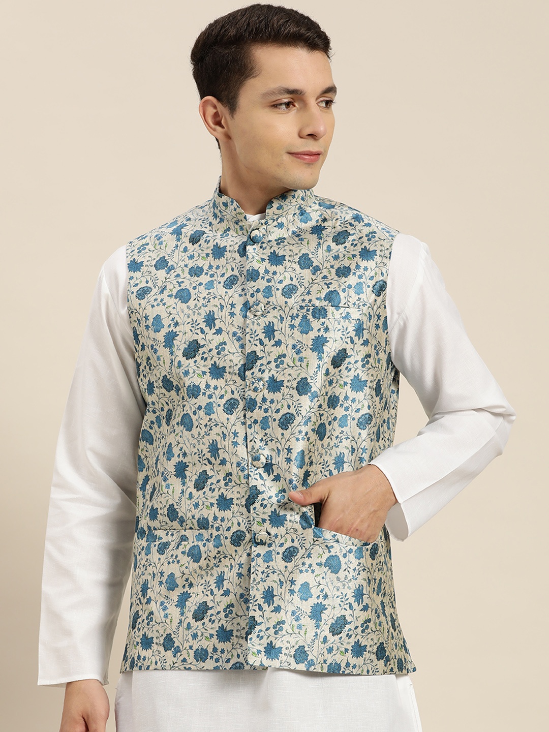 

SOJANYA Printed Silk Blend Nehru Jacket, Blue