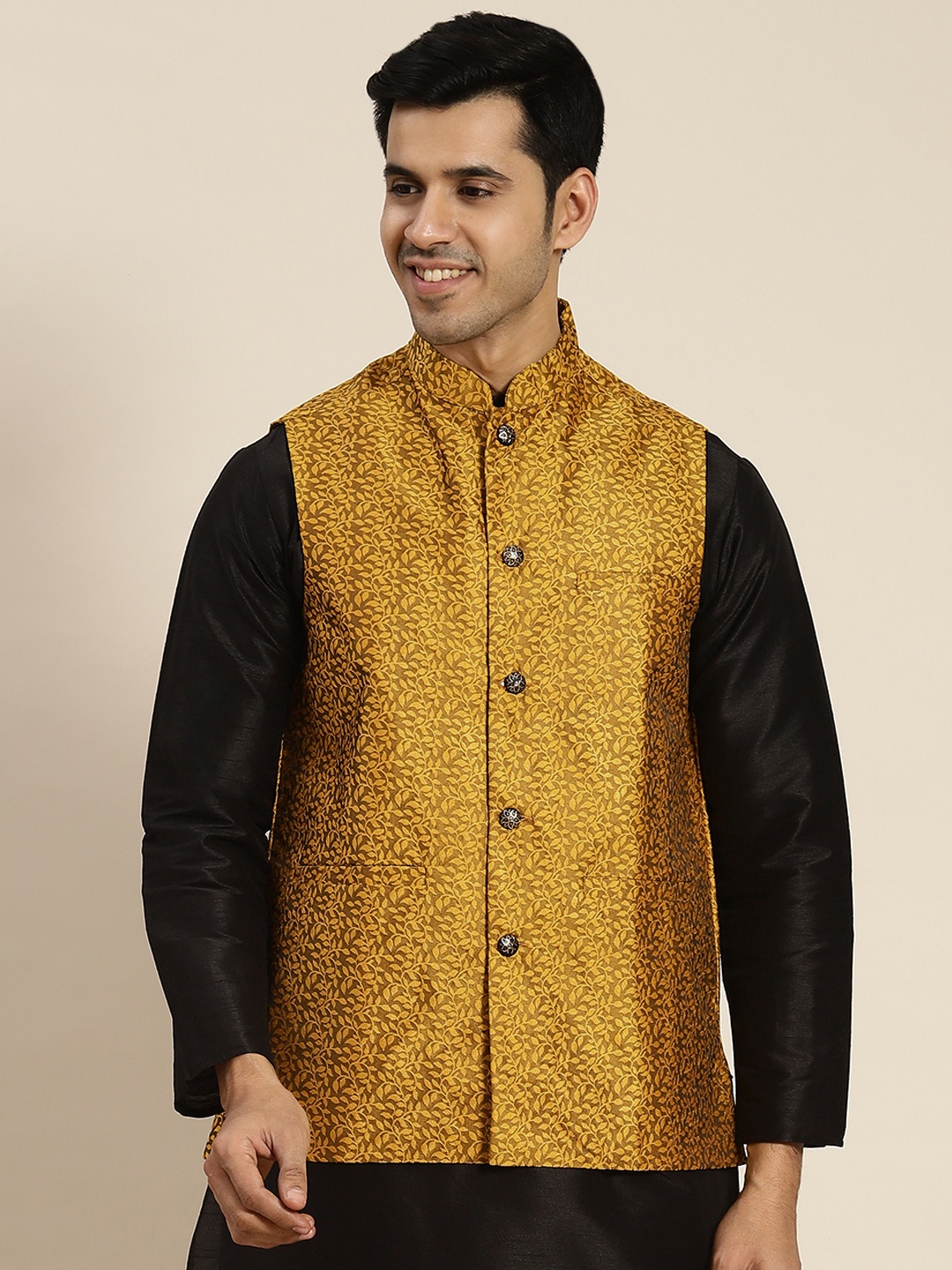 

SOJANYA Jacquard Woven Design Nehru Jacket, Mustard