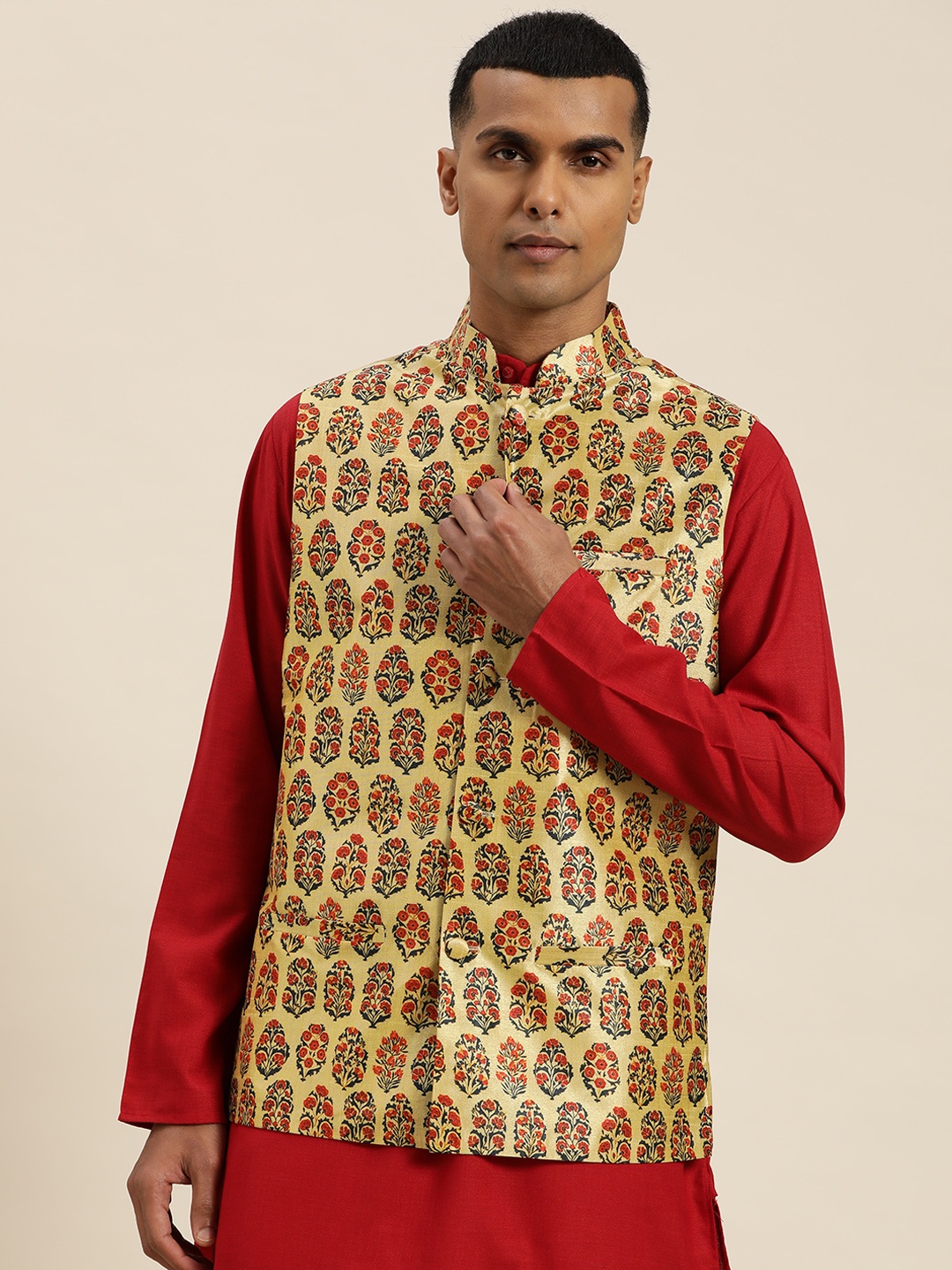 

SOJANYA Printed Silk Blend Nehru Jacket, Yellow