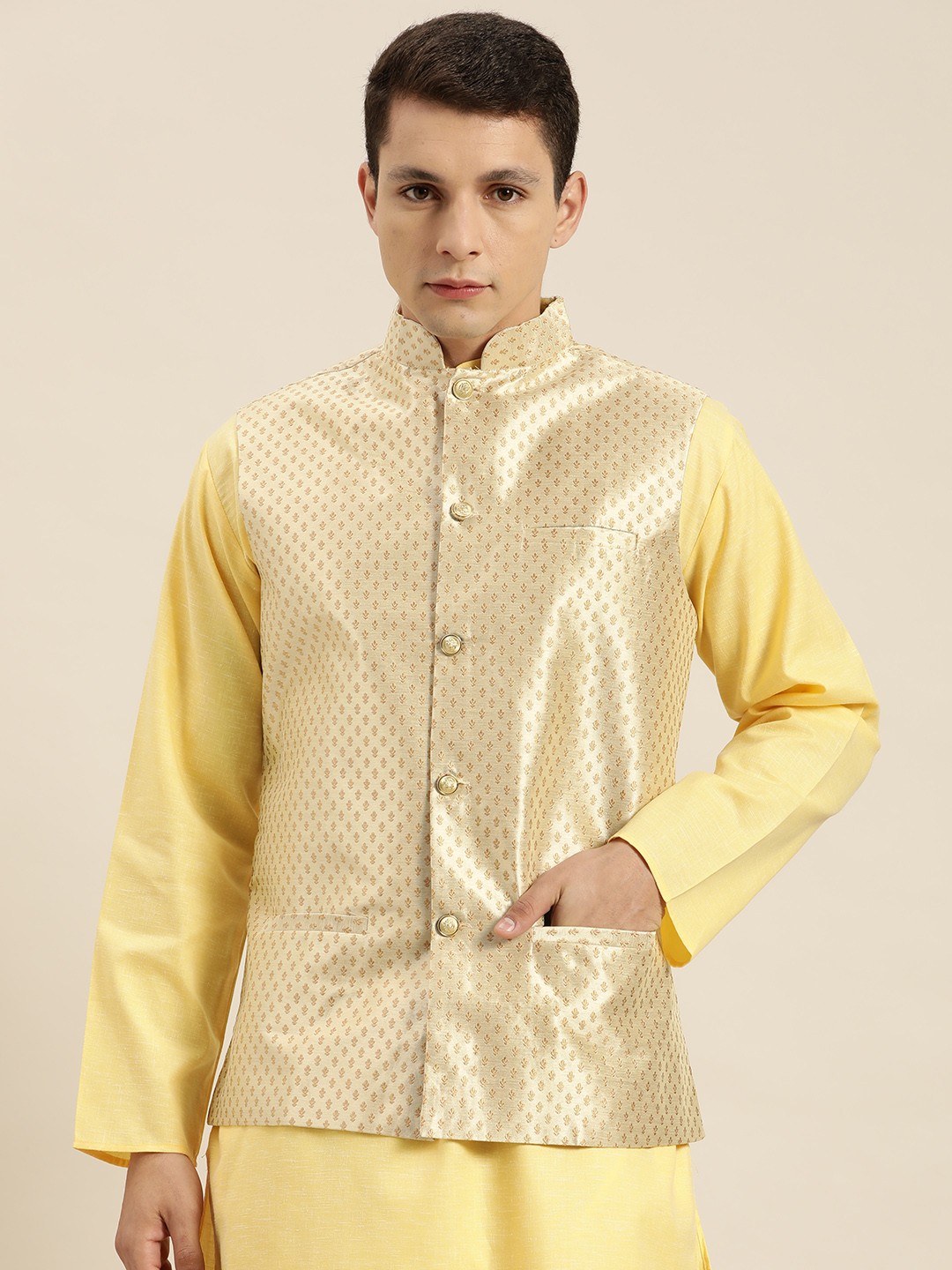 

Sojanya Men Printed Nehru Jacket, Beige