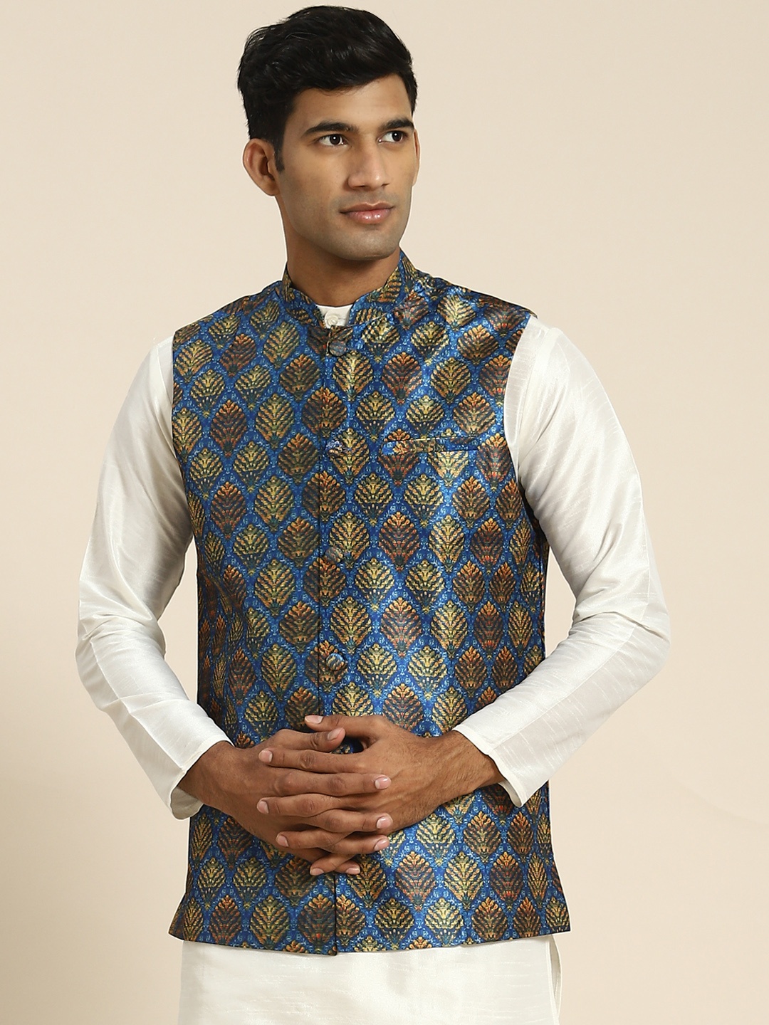 

SOJANYA Jacquard Woven Design Nehru Jacket, Blue