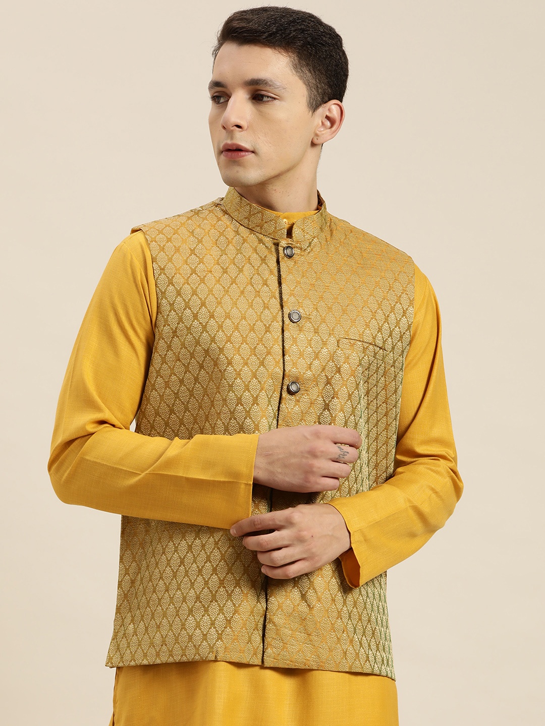 

Sojanya Men Printed Nehru Jacket, Yellow
