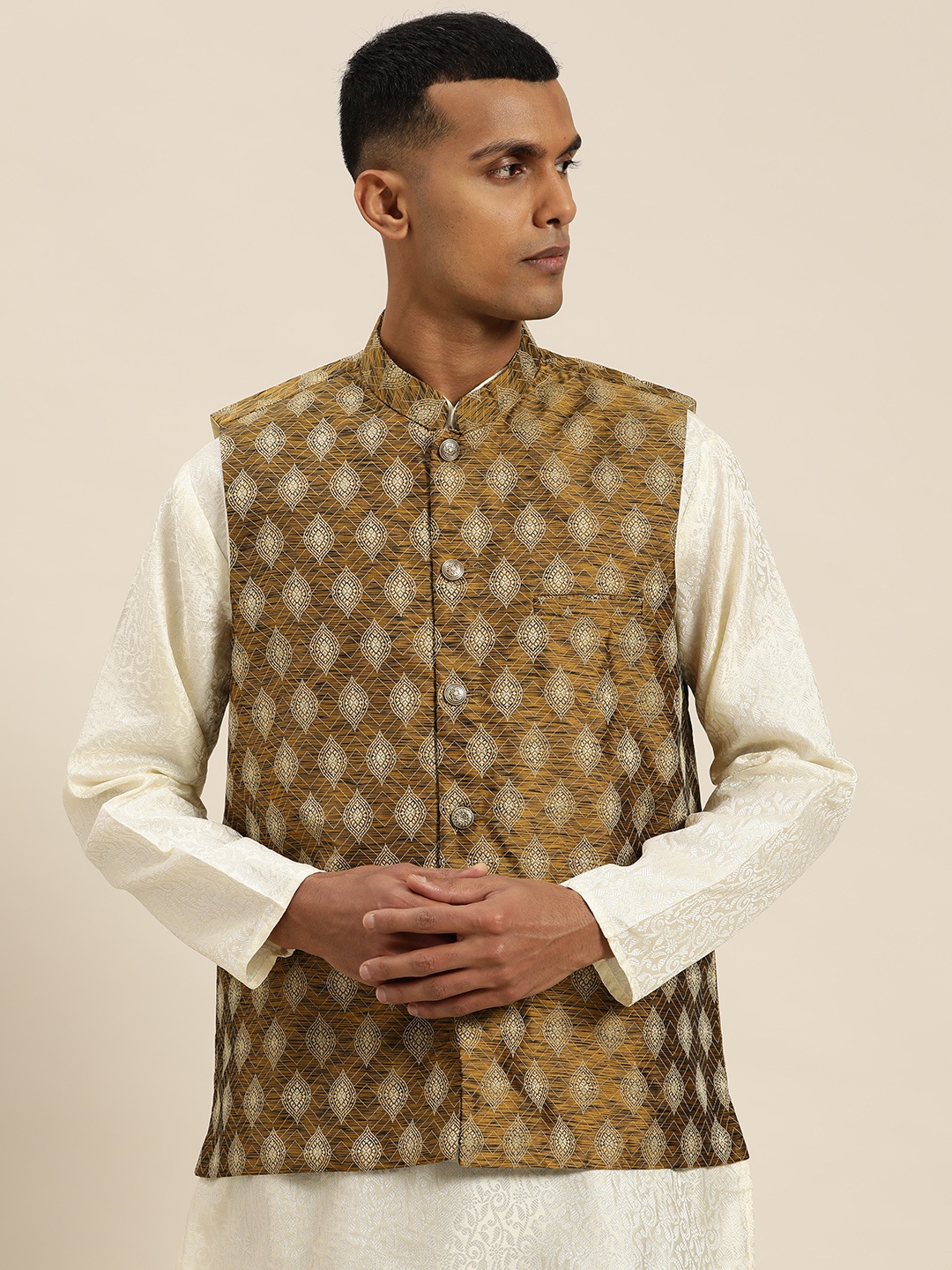 

Sojanya Men Printed Nehru Jacket, Mustard