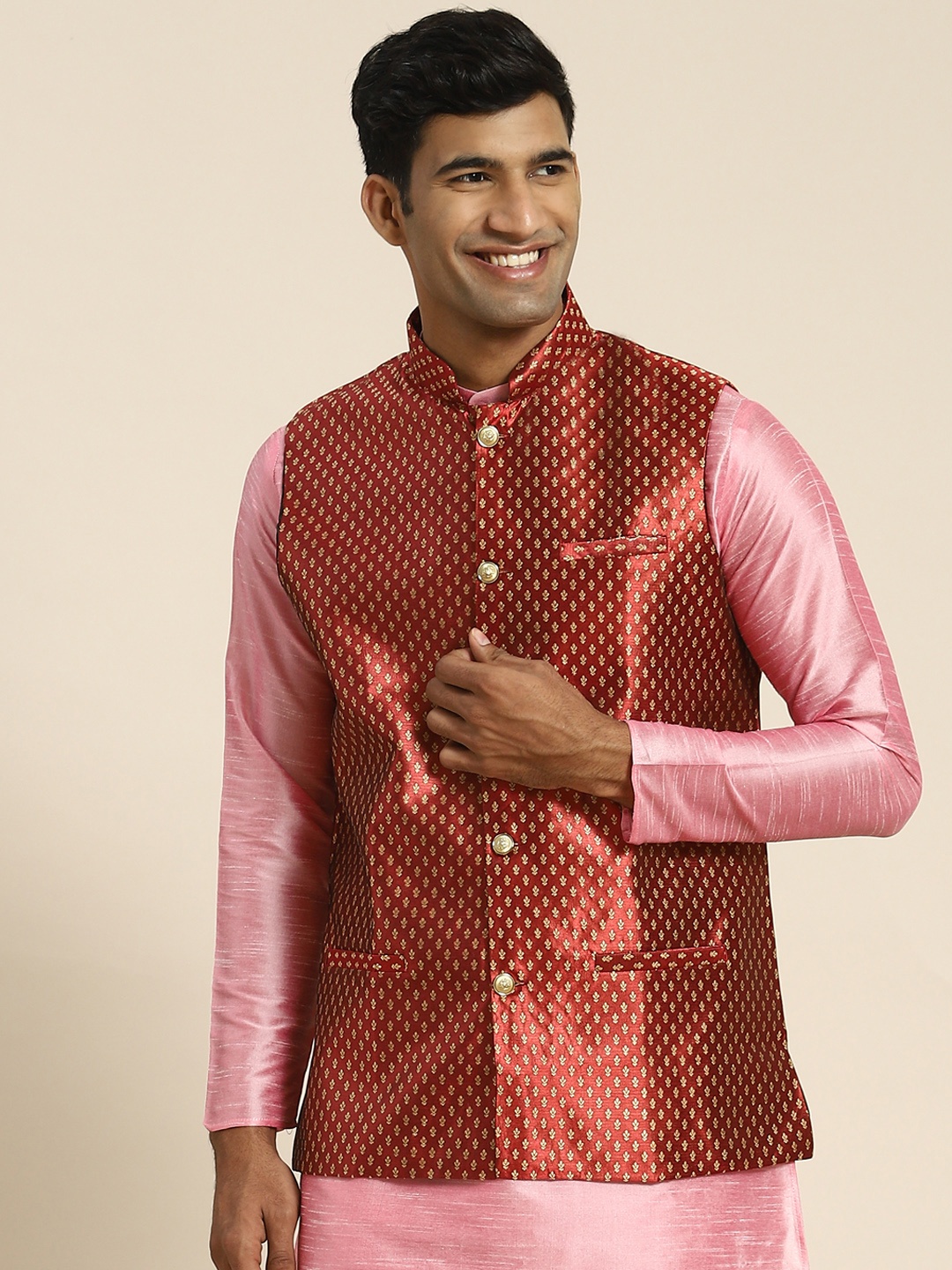 

SOJANYA Men Ethnic Motifs Woven Design Nehru Jacket, Maroon