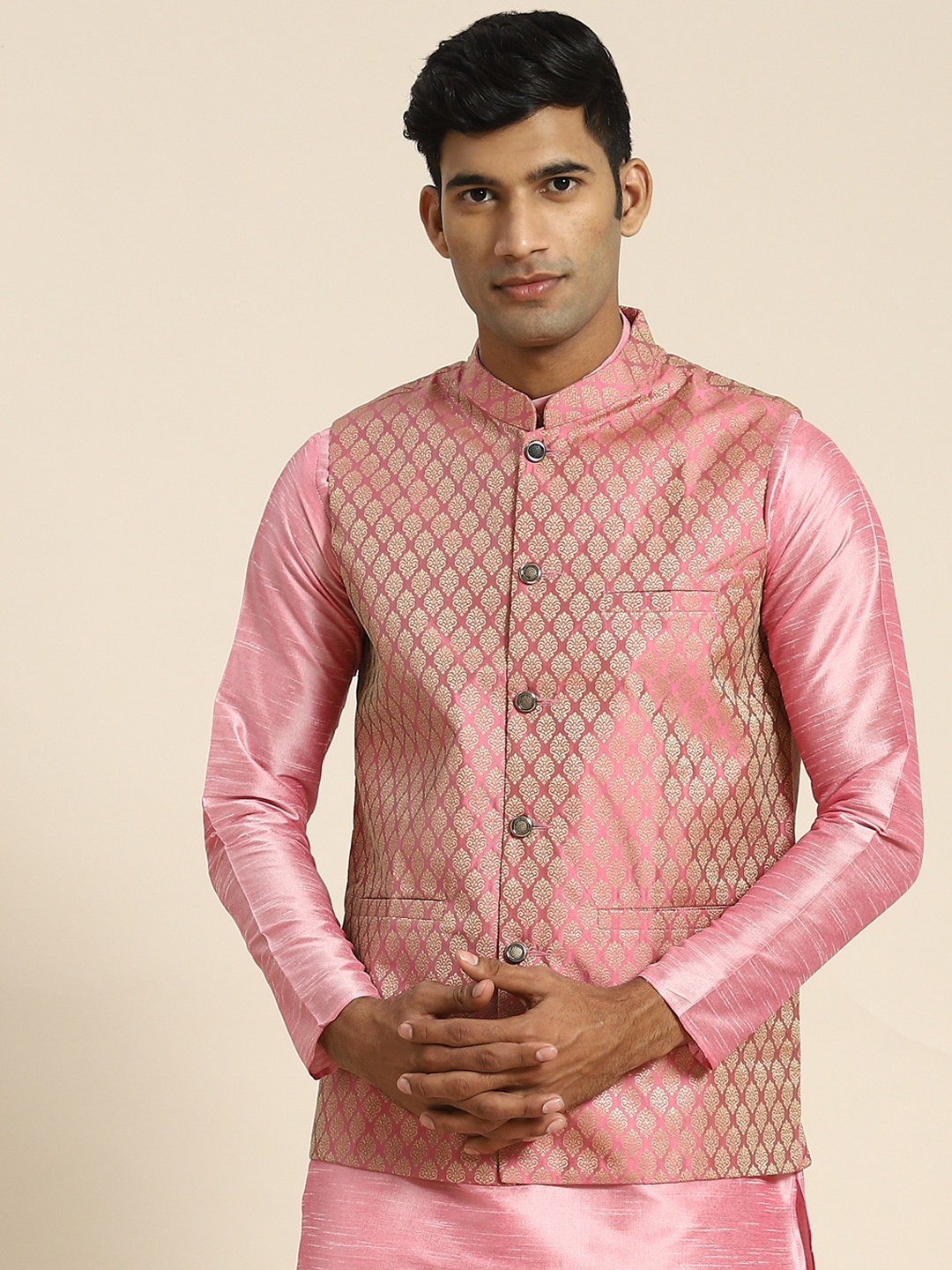 

SOJANYA Men Woven Design Nehru Jacket, Pink