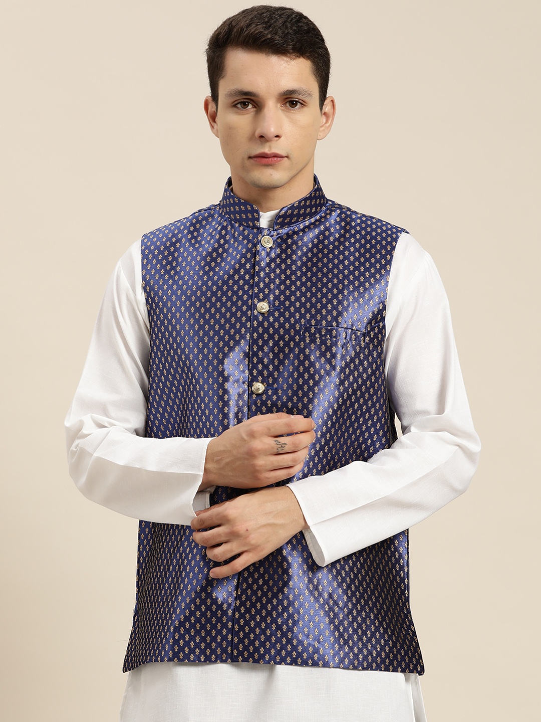 

Sojanya Men Printed Nehru Jacket, Blue