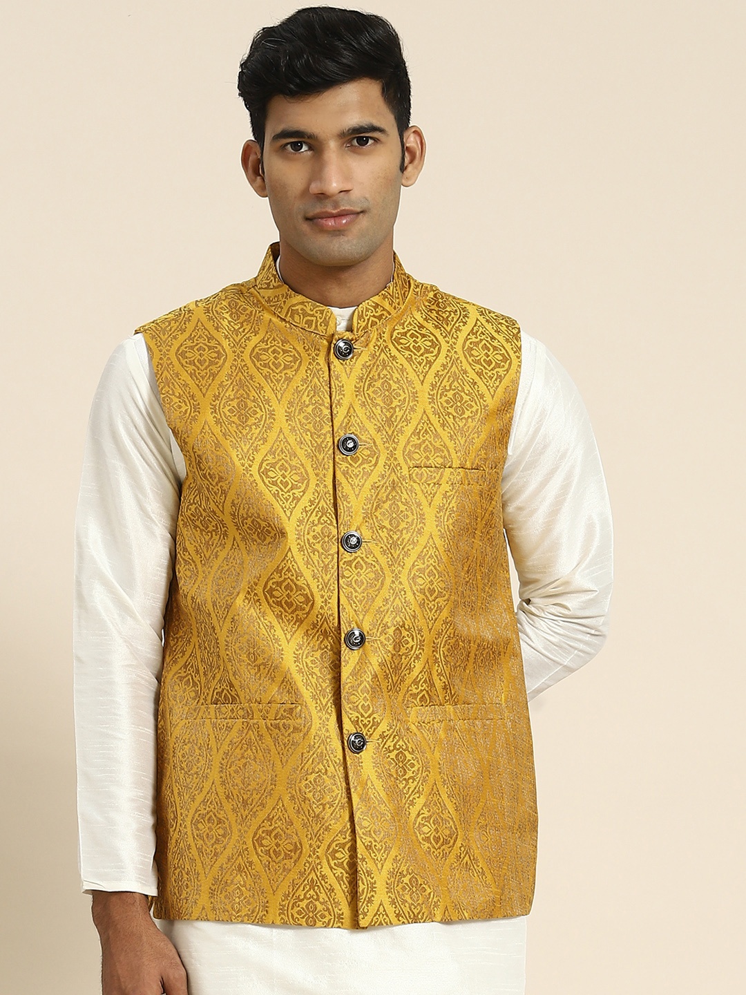 

SOJANYA Men Woven Design Nehru Jacket, Mustard