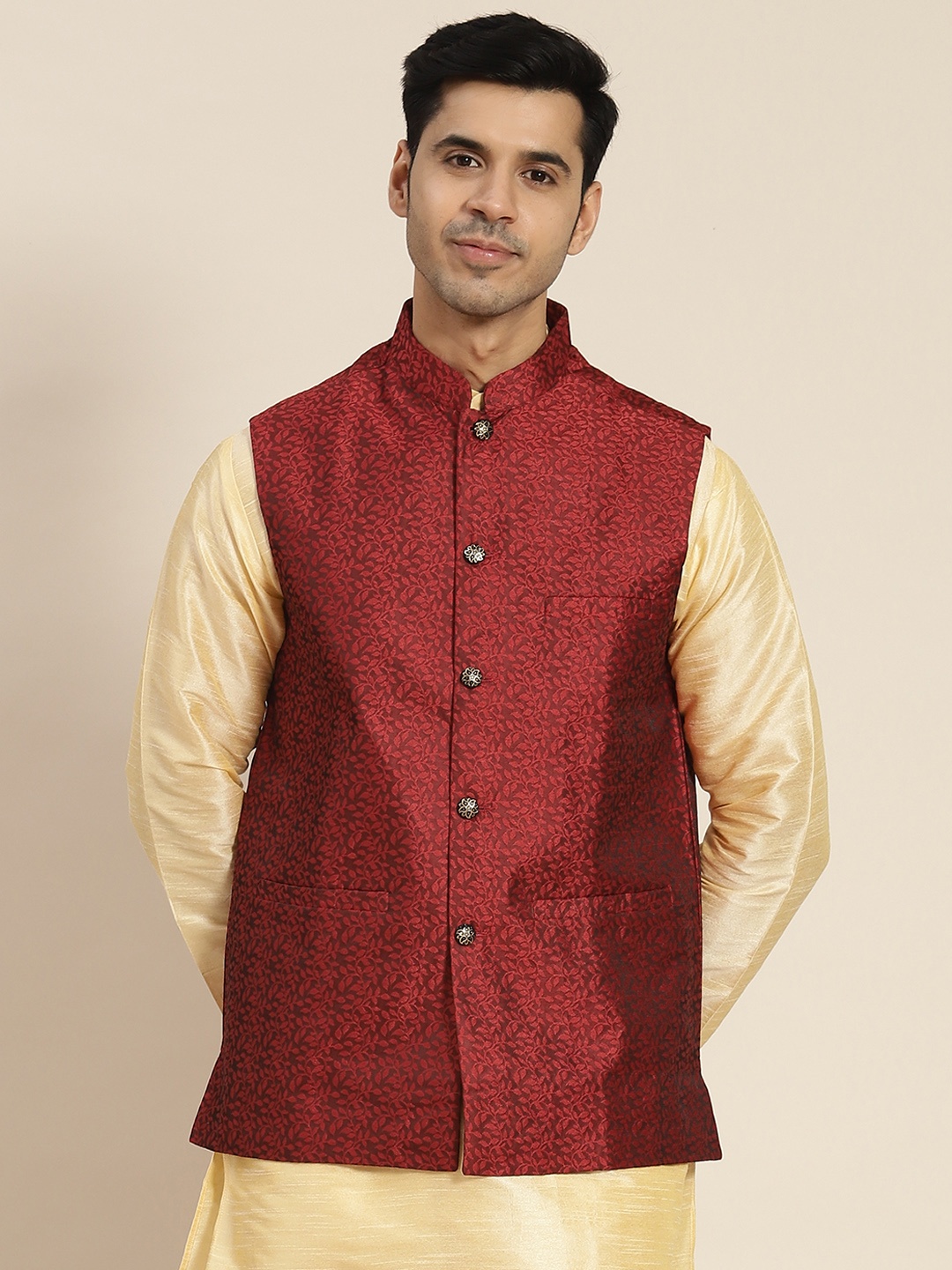 

SOJANYA Men Woven Design Nehru Jacket, Maroon