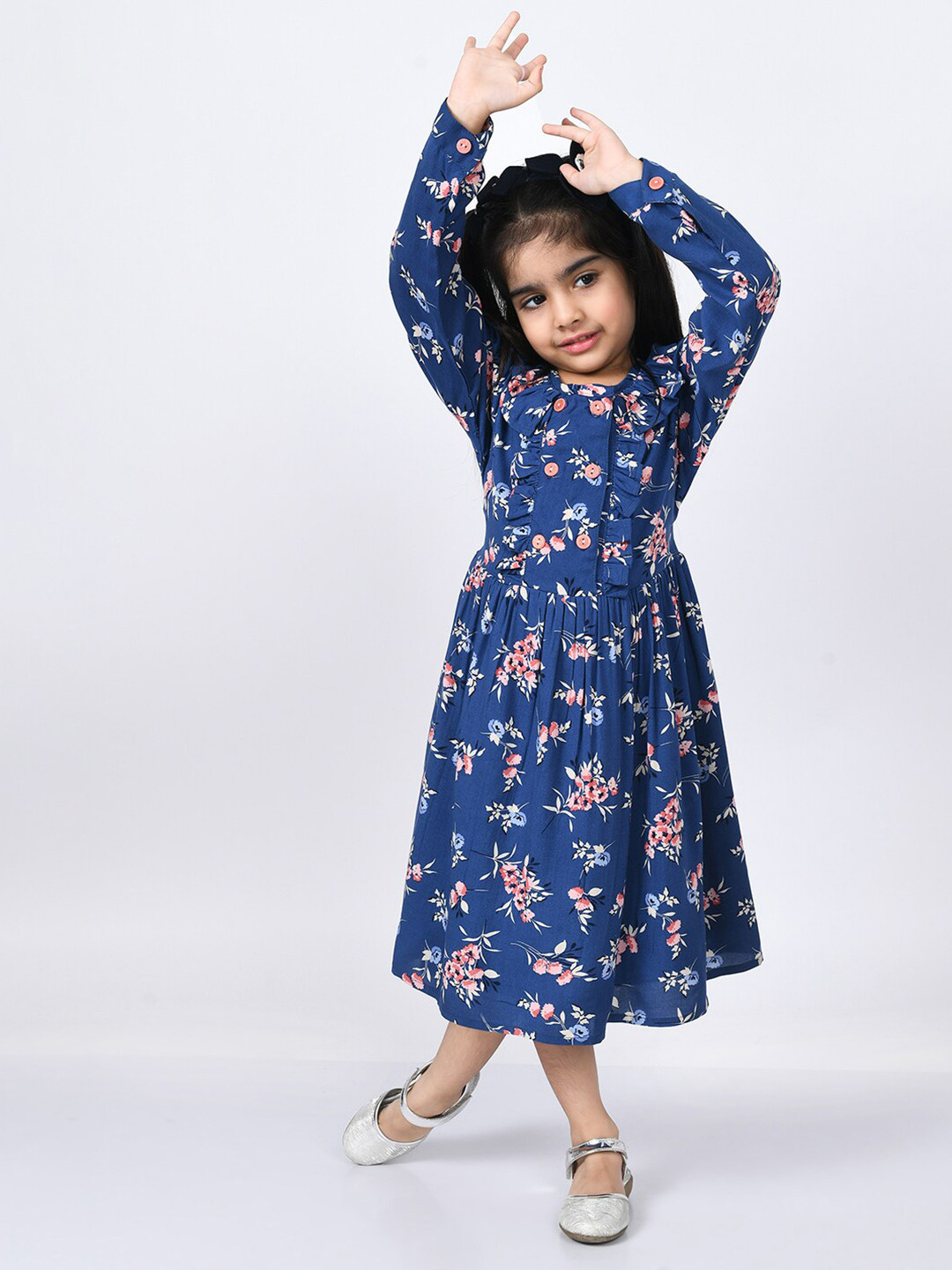 

Bella Moda Blue Printed Pure Cotton Floral A-Line Midi Dress