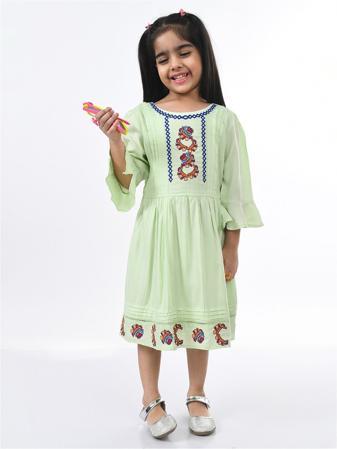 

Bella Moda Sea Green Pure Cotton Embroidered Dress