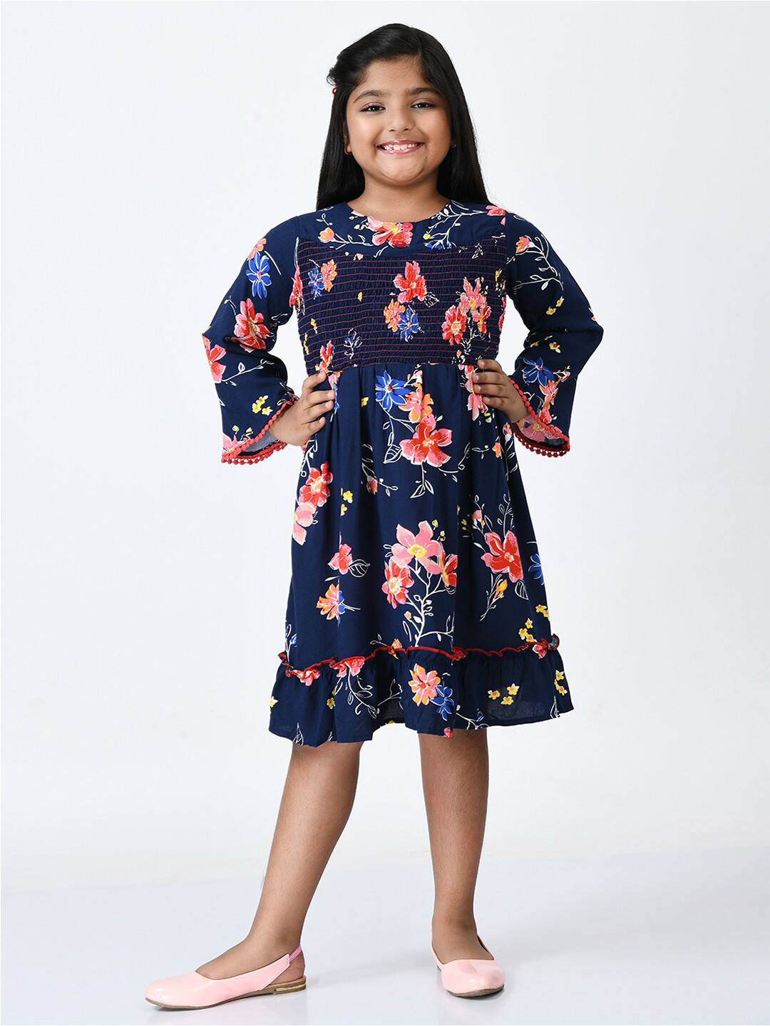 

Bella Moda Navy Blue & Peach-Coloured Cotton Floral Dress
